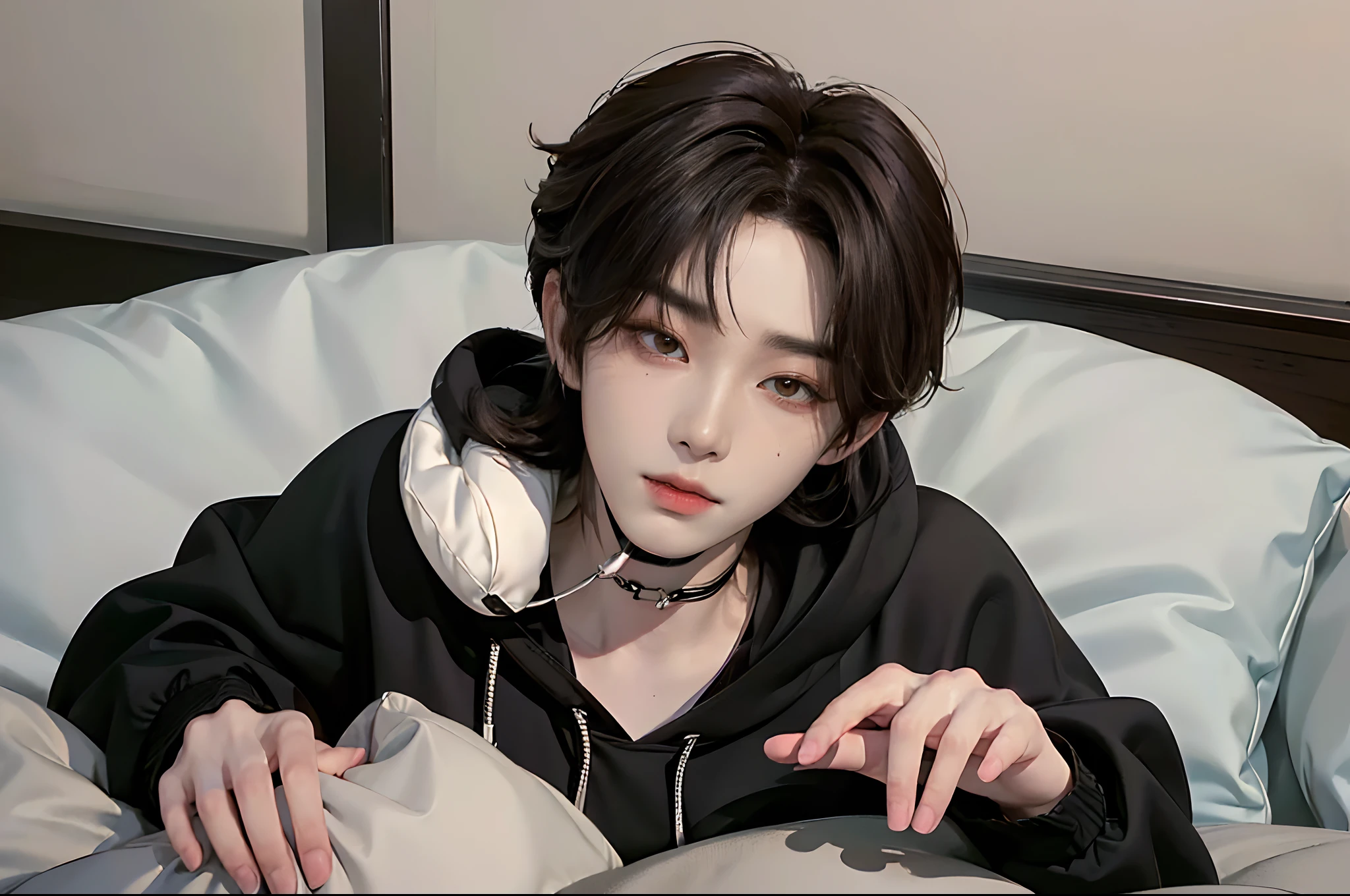 ((4K works))、​masterpiece、（top-quality)、((high-level image quality))、((One Manly Boy))、Slim body、((Stylish black hoodie))、(Detailed beautiful eyes)、Stylish bedroom、Selfie with head on pillow、Face similar to Chaewon in Ruseraphim、((short hair above the ears))、((Smaller face))、((Neutral face))、((Light brown eyes))、((Korean boy))、((18year old))、((Handsome man))、((Wild look))、((Korean Makeup))、((elongated and sharp eyes))、((Happy dating))、((Lying on the futon with your head on the pillow))、((Shooting from the side))、((He gives the viewer an arm pillow))、((Only the upper part of the body is visible))、((He sleeps next to the viewer))、(((selfie photo)))