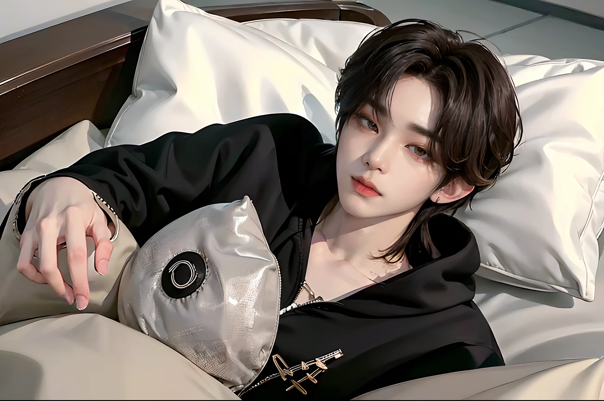 ((4K works))、​masterpiece、（top-quality)、((high-level image quality))、((One Manly Boy))、Slim body、((Stylish black hoodie))、(Detailed beautiful eyes)、Stylish bedroom、Selfie with head on pillow、Face similar to Chaewon in Ruseraphim、((short hair above the ears))、((Smaller face))、((Neutral face))、((Light brown eyes))、((Korean boy))、((18year old))、((Handsome man))、((Wild look))、((Korean Makeup))、((elongated and sharp eyes))、((Happy dating))、((Lying on the futon with your head on the pillow))、((Shooting from the side))、((He gives the viewer an arm pillow))、((Only the upper part of the body is visible))、((He sleeps next to the viewer))、(((selfie photo)))