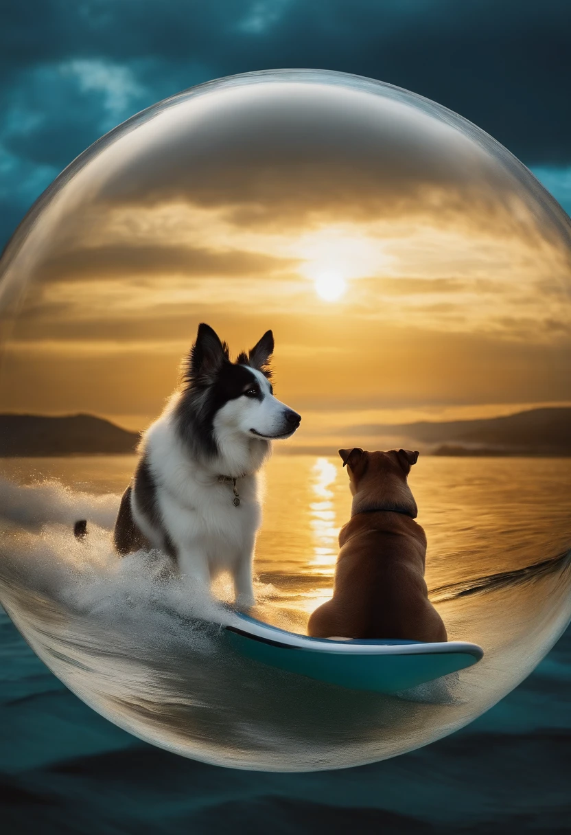 Imagine a poet surfing with dogs inside a transparent bubble, on the high seas, waiting for the rising sun, Gustav Klimt style