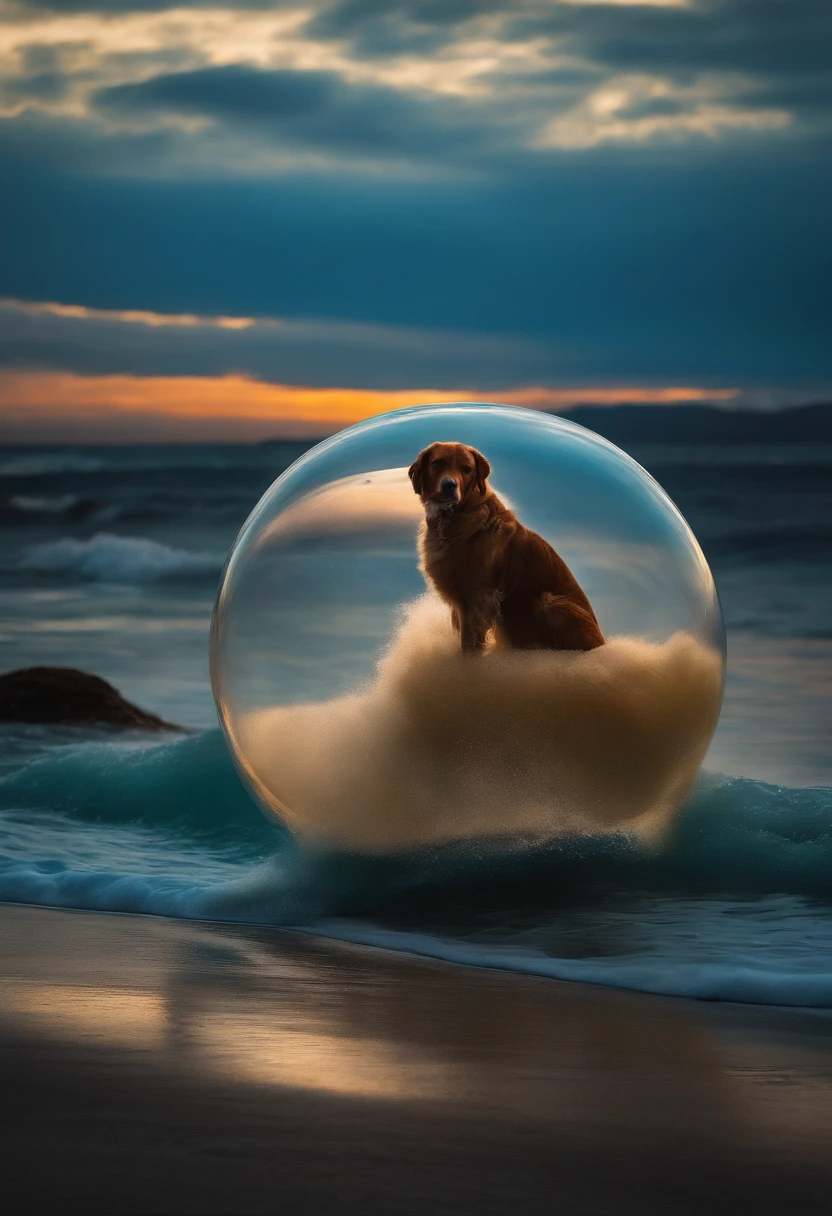 Imagine a poet surfing with dogs inside a transparent bubble, on the high seas, waiting for the rising sun, Gustav Klimt style