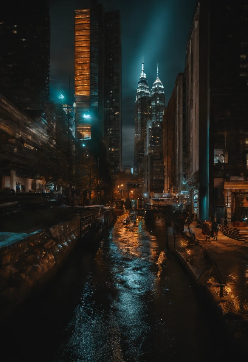 Paisagem urbana sombria: Create an urban night scene with skyscrapers and cyberpunk elements, como hologramas e letreiros iluminados, and put the text "Halloween" in the center