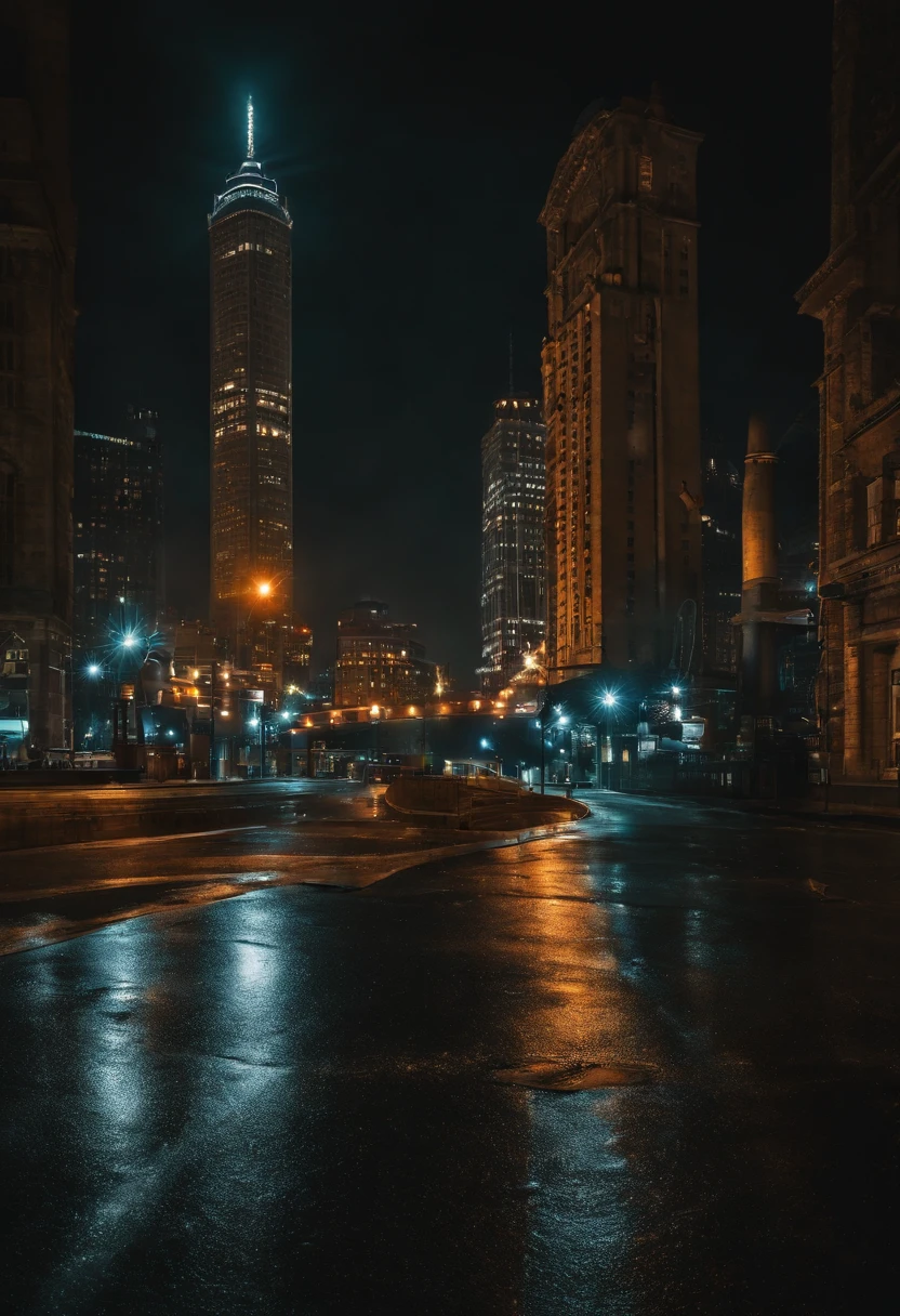 Paisagem urbana sombria: Create an urban night scene with skyscrapers and cyberpunk elements, como hologramas e letreiros iluminados, and put the text "Halloween" in the center