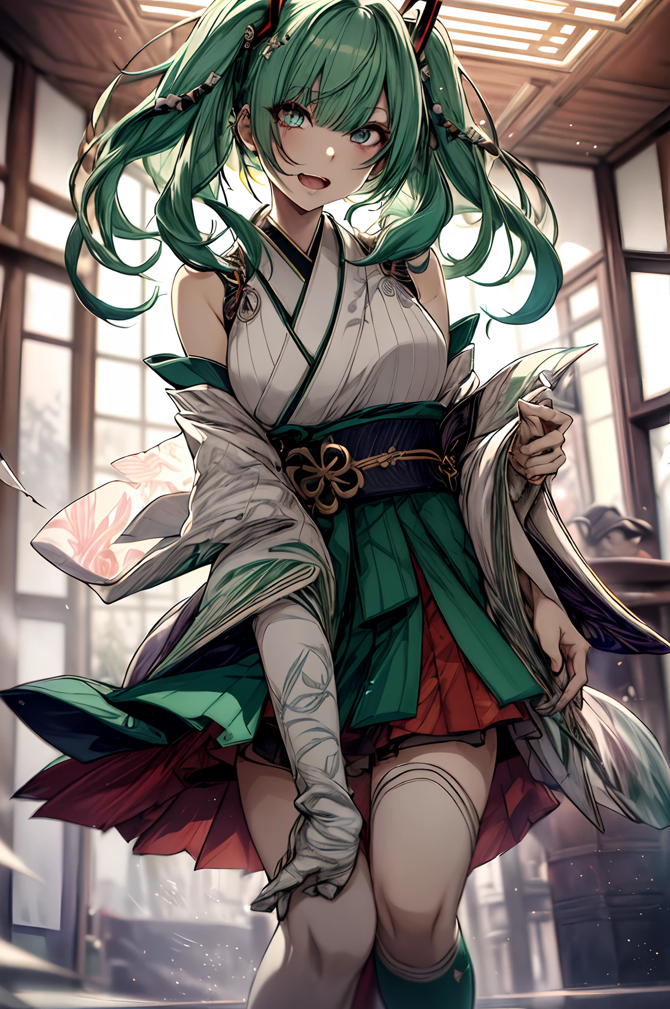 Full body、Japanese dress、Kimono Dresses、long、miku hatsune、Green hair、Twin-tailed、Ahegao ( Silly / Sexual ecstasy)、Cross-eyed、Stranger、View other people、Blunt bangs、 over-kneehighs,Ahegao , Silly,Sexual ecstasy,Drunken eyes,Blunt bangs, Green hair,(masutepiece:1.2, Best Quality), (finely detailed beautiful eye: 1.2), (Detailed background,Dark Fantasy), (beautifull detailed face), High contrast, (Best Illumination, extremely delicate and beautiful), ((Cinematic Light)), Colorful, Hyper Detail, Dramatic light, Intricate details,