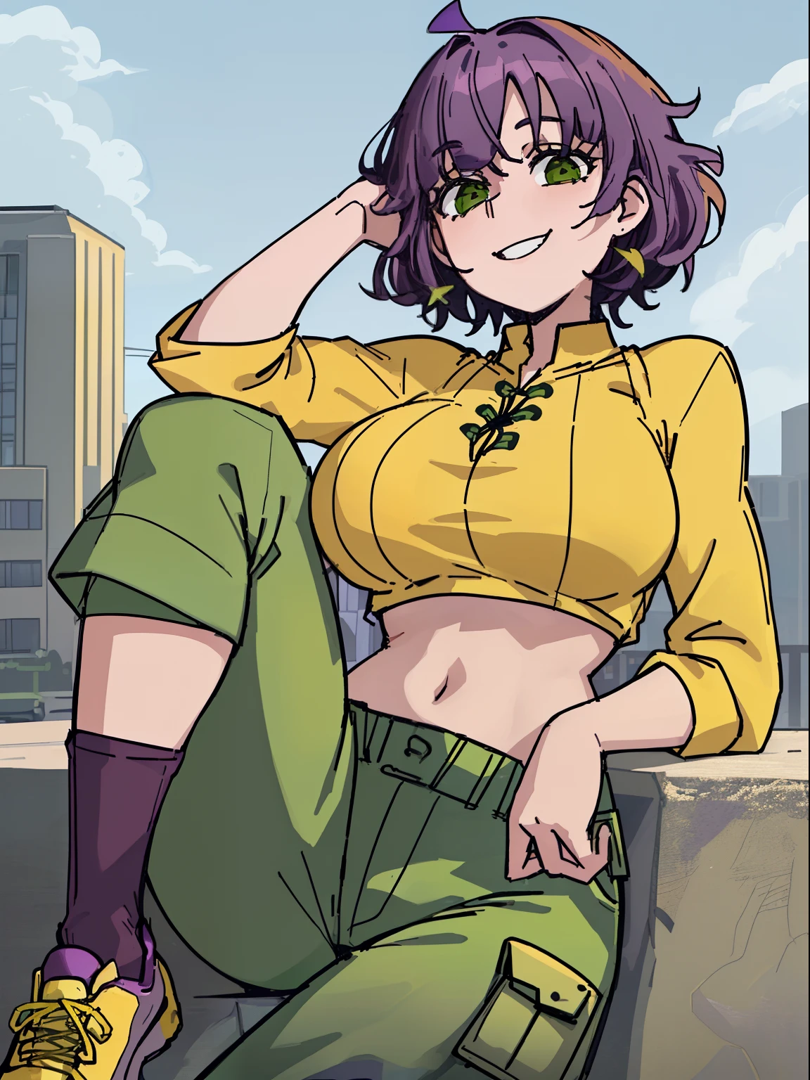 (2d), (masterpiece), best quality, expressive eyes, perfect, 1girl, solo, adult woman, cute cute, ((purple hair), (curly short purple hair), (short purple hair)), green eyes, cute face, big cheeks, round cheeks, smiling, lips, red lips ((yellow and green sleeved shirt), (yellow and green sleeved cropped), (yellow and green sleeved cropped shirt, yellow and green sleeved top)), (big breasts), ((dark green pants), (dark green cargo pants)), socks, sneakers, sitting, calm pose, urban background, blue cloudy sky, sunlight