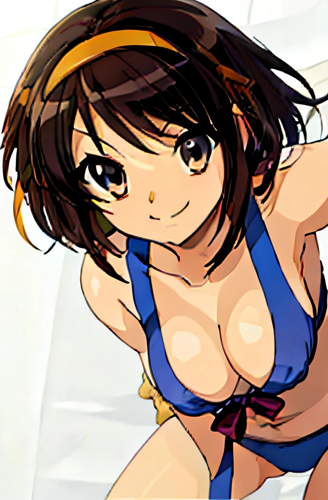 ((masutepiece)), ((Best Quality)), (Ultra-detailed), Anime style, Luxury bed, Cute s, 1girl in, Solo, Micro Bikini 00, ((Beautiful eyes)), large full breasts, wearing underpants, Smile
