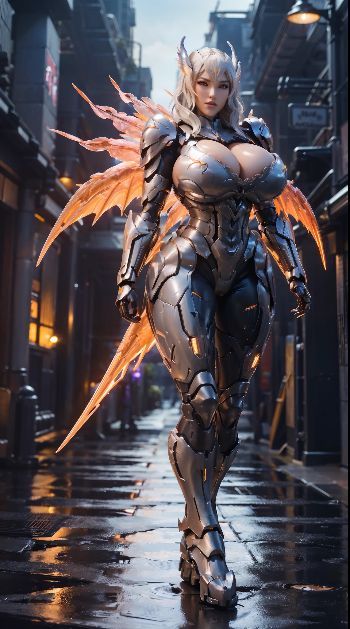 HUGE BOOBS, MECHA DRAGON ARMOR, FUTURISTIC LATEX SUIT, (CLEAVAGE), ((A PAIR LARGEST PHOENIX WINGS)), (TALL LEGS), (STANDING), SEXY BODY, MUSCLE ABS, UHD, 8K, 1080P.
