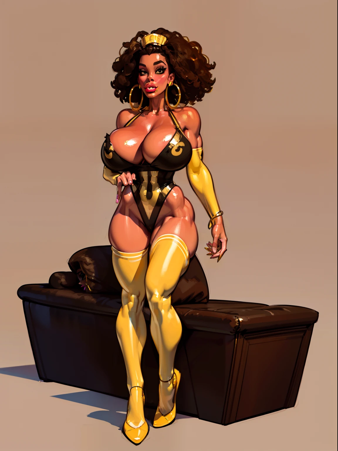 ((masterpiece)),(((best quality))),((character sheet)), ((full body view)) ((black woman)) ((afro combed to sides)) ((seductive pose)) mature face, defined cheekbones, high cheekbones, illustration, girl, muscular, ((afro:1.4)), sexy bimbo, (gigantic breasts:1.7) black hair, ((detailed face:1.4)) beautiful woman, (yellow leotard:1.4), (gold hoop earrings:1.6), (thighhighs:1.4) (yellow lipstick:1.5) , shiny skin, scribbles and marks,(puffy lips:1.5) , rough sketches, 8k,16k, (simple background, white background: 1.3), yellow and black color palette, brown legs, orange arms, (brown skin:1.7)