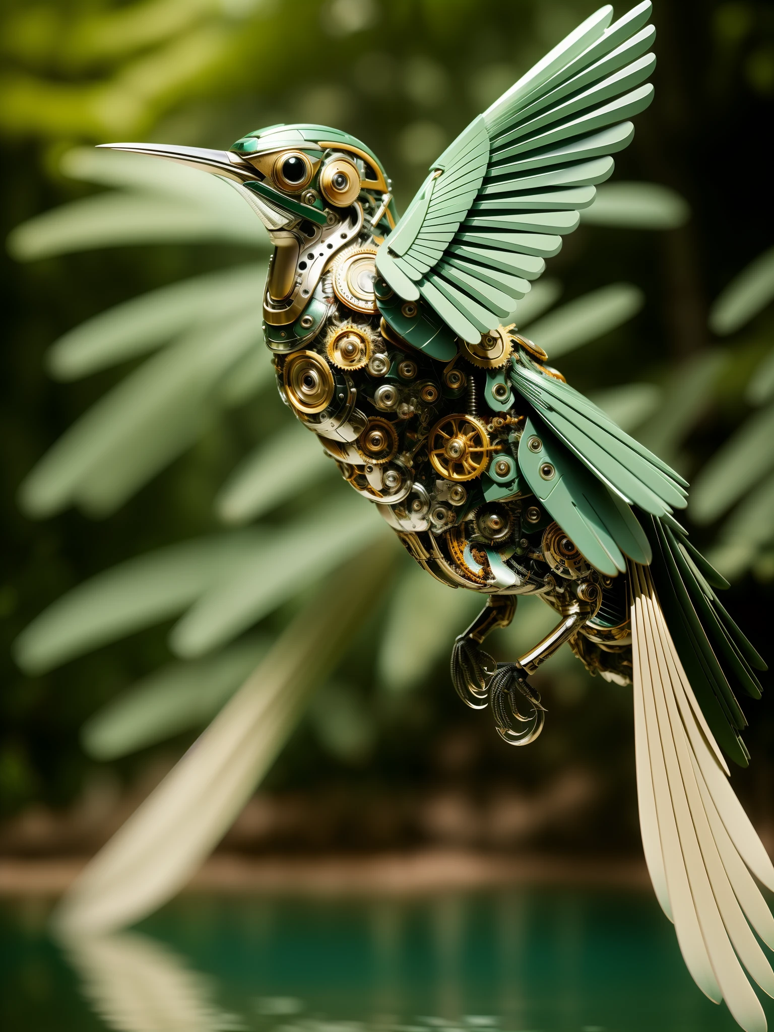 ((masutepiece)), ((Best Quality)), 8K, detaileds, Ultra-detailed, Mechanical bird, Harmoniously integrated into the beauty of nature, Balancing Technology and Environment, Mechanical bird, ((Nature)), ((Harmonious integration)), ((Balance between technology and environment)), Metallic feathers, Gear mechanism, Perching on a tree branch, Fluttering leaves, The sun's rays through the canopy, Reflection of the pond.