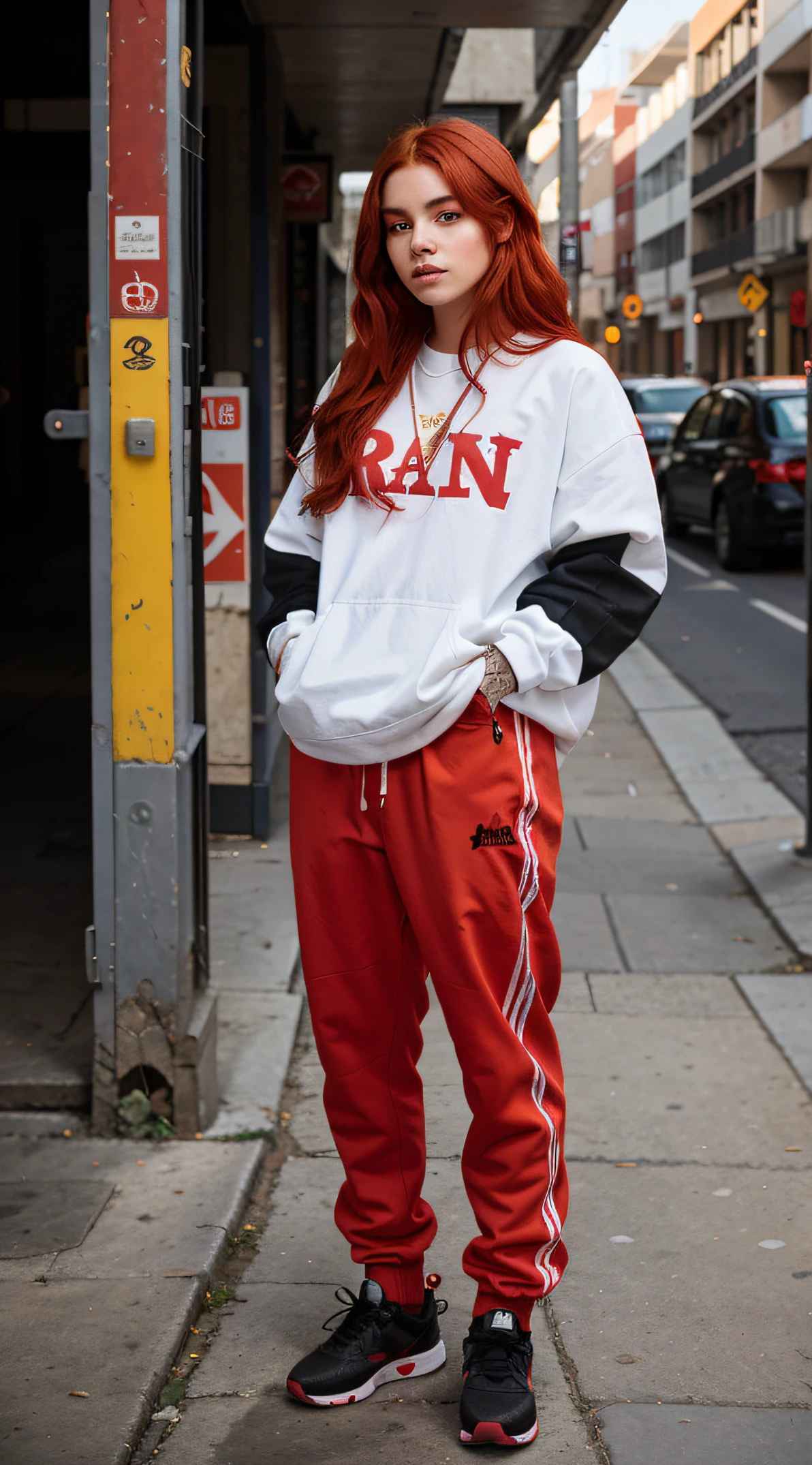 "Analiza la imagen en formato RAW que muestra a una mujer joven con cabello rojo en un entorno urbano. Describe your streetwear style and how your red hair stands out in this context. Furthermore, Explore how choosing the location adds depth and meaning to the image. Highlights details that contribute to the professional quality of photography."