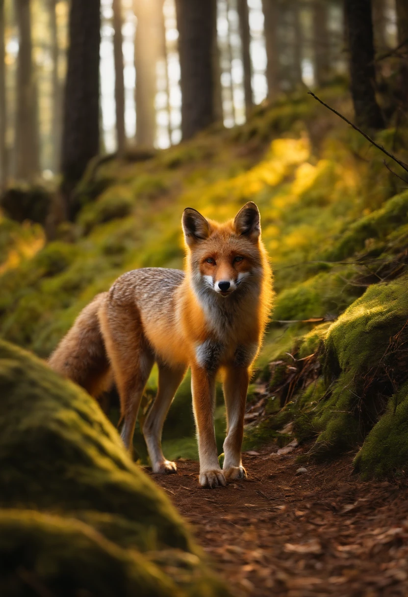 renard, mignon, corps entier, noir et jaune, pointe de sa queue blanche, Forest scenario, avec un collier en forme de soleil