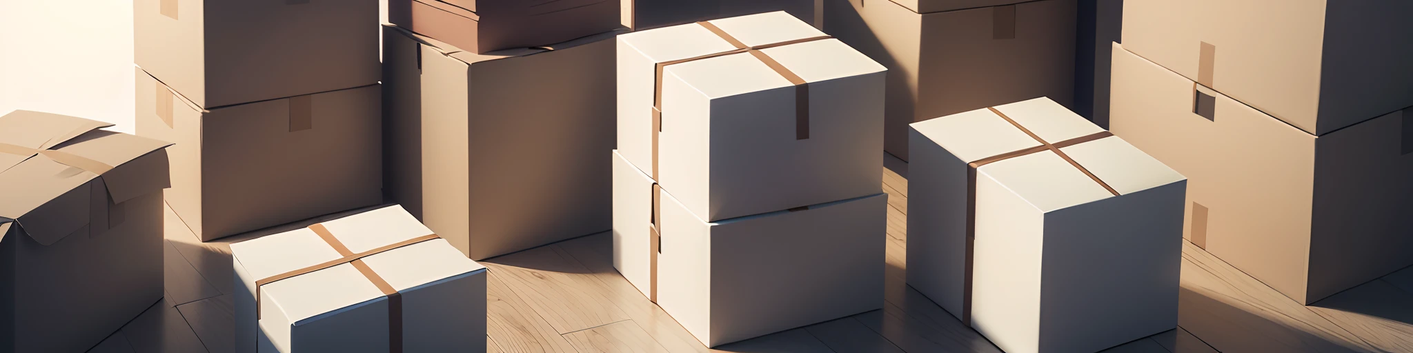 Many cubic boxes in white wrapping are scattered and stacked randomly on the floor.long shot.masterpiece.high quality