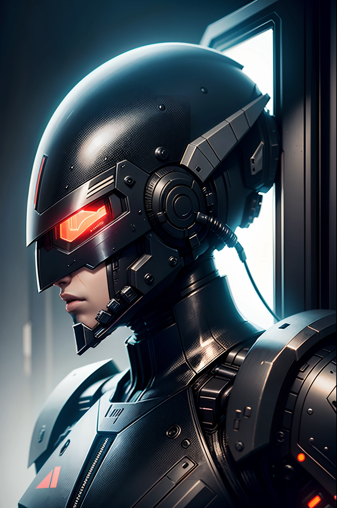 Realistic black combat android in an advanced cybernetic suit with cyberpunk technological helmet and visor