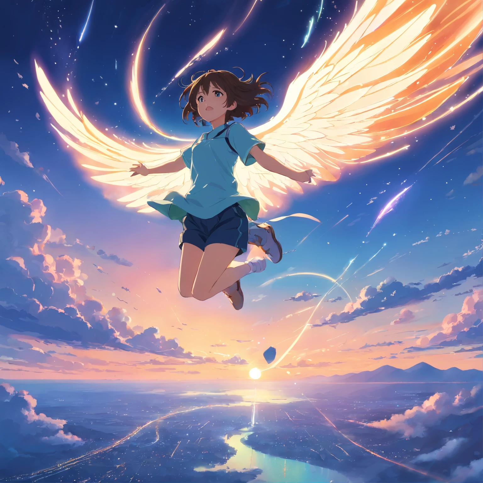 Flying in the sky　　Deities々Right　mystical　Coloring for a strong impact　One girl is floating softly　She herself seems surprised.　flight