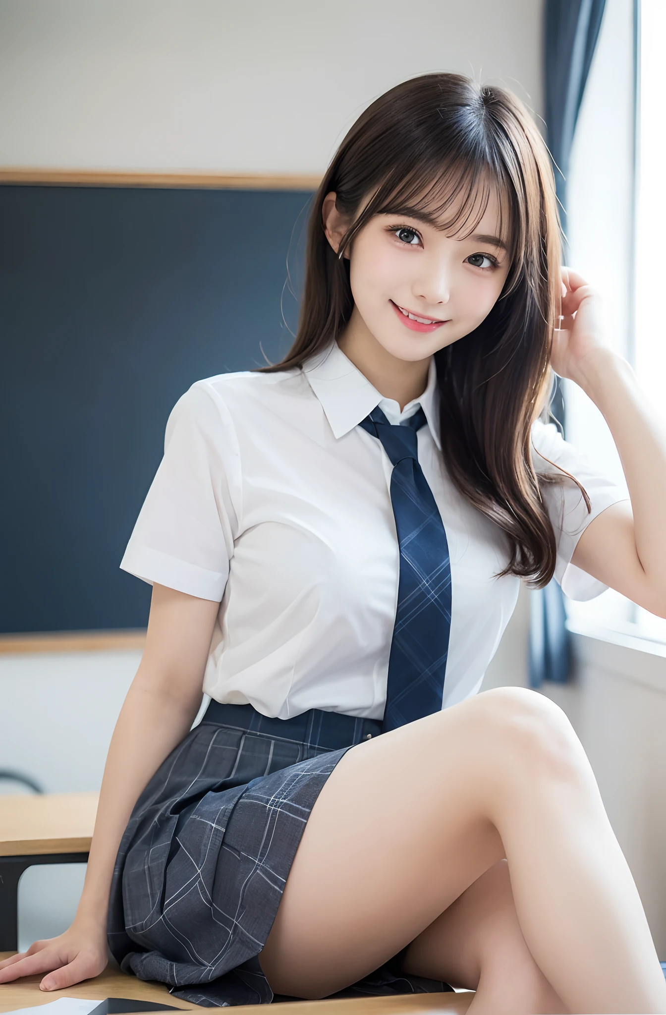 (spreading legs:1.2)、(pantyshot:1.3)、(White panty:1.2)、(masutepiece:1.5)、(top-quality:1.5)、(16k wallpaper:1.2)、(Photorealsitic:1.2)、(ultra-detailliert:1.2)、(超A high resolution:1.2)、super-detaild skin、Detailed and clean eyes、Natural Color Lip、Inside a school classroom、Sitting on a desk、Japan 18-year-old woman、White short sleeve uniform、Grey Plaid Mini Skirt、(Dark blue tie)、Semi-long bob hair、large full breasts、Provocative smile