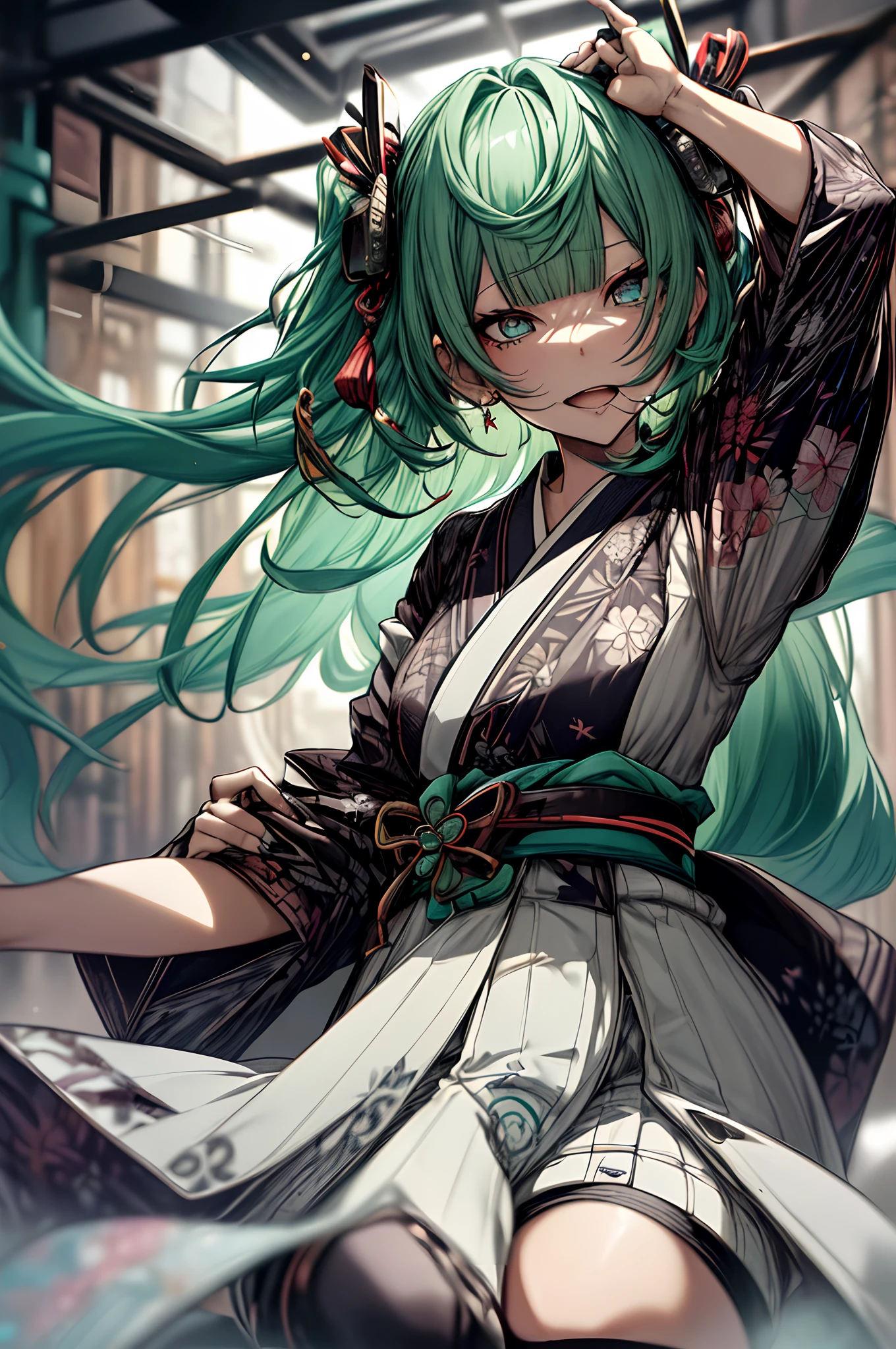 Full body、Japanese dress、Kimono Dresses、long、miku hatsune、Green hair、Twin-tailed、Ahegao ( Silly / Sexual ecstasy)、Cross-eyed、Stranger、View other people、Blunt bangs、 over-kneehighs,Ahegao , Silly,Sexual ecstasy,Drunken eyes,Blunt bangs, Green hair,(masutepiece:1.2, Best Quality), (finely detailed beautiful eye: 1.2), (Detailed background,Dark Fantasy), (beautifull detailed face), High contrast, (Best Illumination, extremely delicate and beautiful), ((Cinematic Light)), Colorful, Hyper Detail, Dramatic light, Intricate details,
