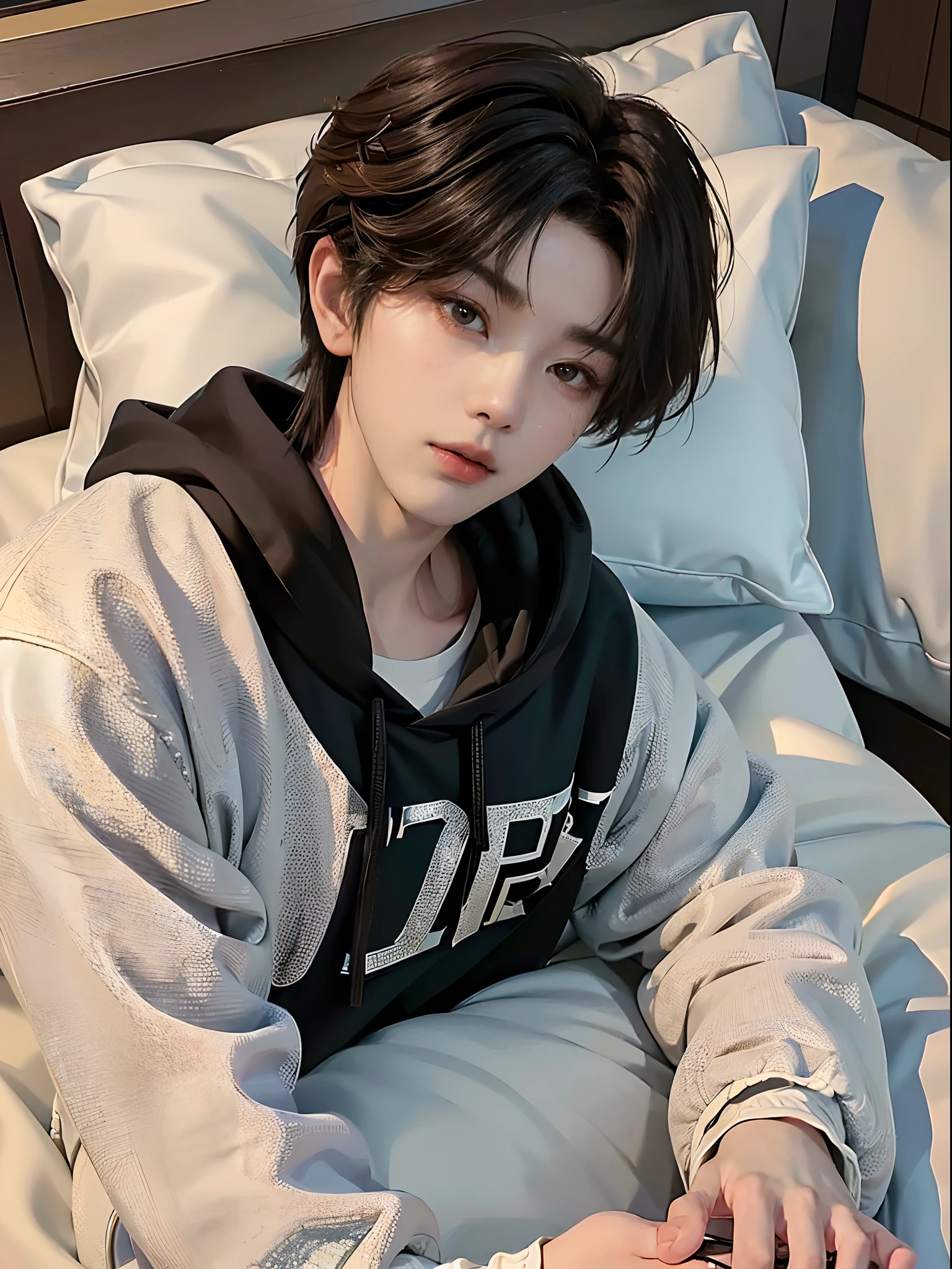 ((4K works))、​masterpiece、（top-quality)、((high-level image quality))、((One Manly Boy))、Slim body、((Stylish black hoodie))、(Detailed beautiful eyes)、Stylish bedroom、Selfie with head on pillow、Face similar to Chaewon in Ruseraphim、((short hair above the ears))、((Smaller face))、((Neutral face))、((Light brown eyes))、((Korean boy))、((18year old))、((Handsome man))、((Wild look))、((Korean Makeup))、((elongated and sharp eyes))、((Happy dating))、((Lying on the futon with your head on the pillow))、((Shooting from the side))、((He gives the viewer an arm pillow))、((Only the upper part of the body is visible))、((He sleeps next to the viewer))、(((selfie photo)))