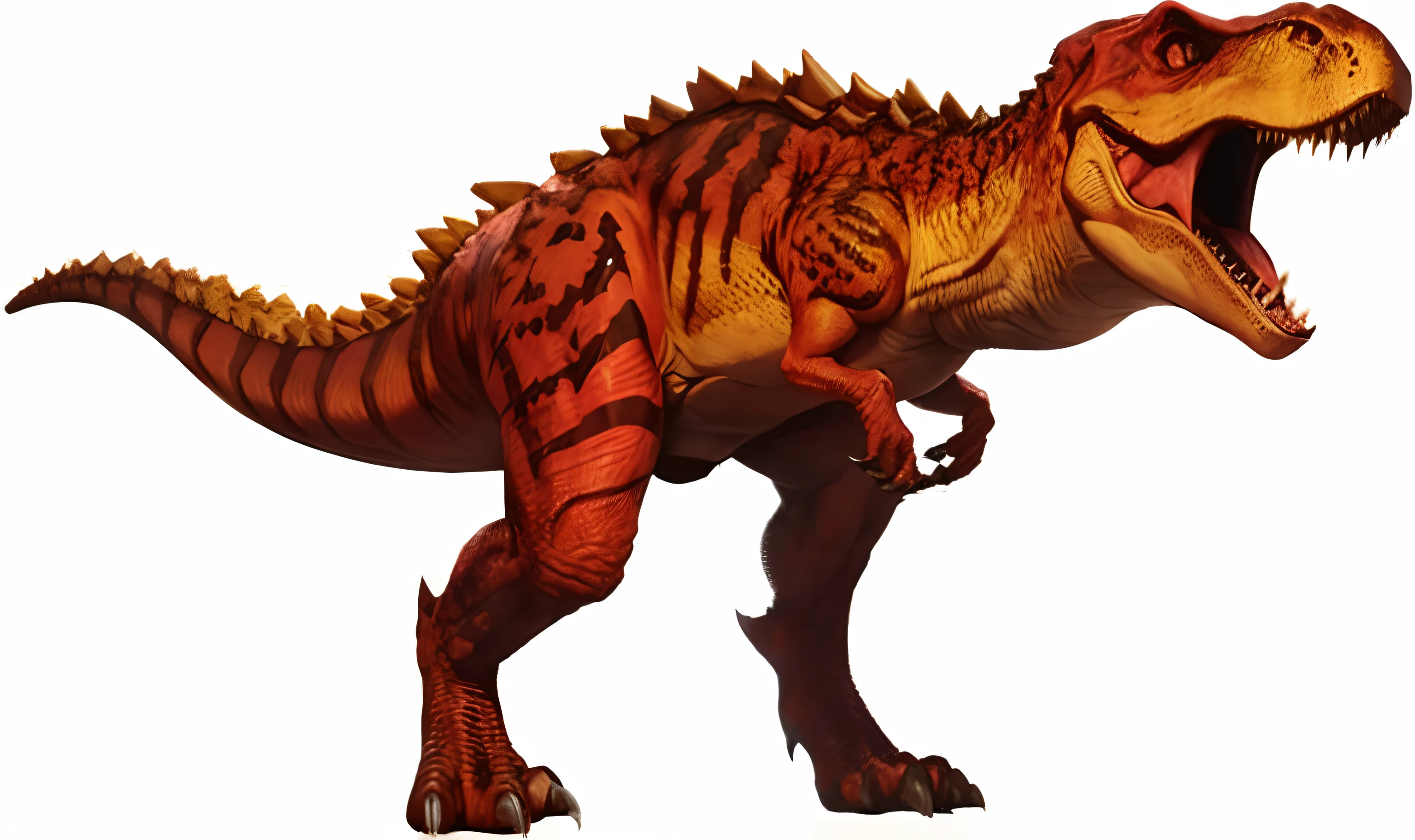 Create an image of a Tyrannosaurus Rex in high definition. The T-Rex must be portrayed in all its grandeur, with detailed scales and a fierce appearance. He must be in an attack pose, with the mouth open, showing off its sharp teeth. Its hind legs are powerful and muscular, while its front paws are small, but strong. T-Rex&#39;s skin must have shades of green and brown, with details of shadows and textures that enhance its realistic appearance. The surrounding scenery must be a dense prehistoric forest, with large trees, lush vegetation and a partly cloudy sky. Include details like giant ferns and rocky terrain to add depth to the environment.