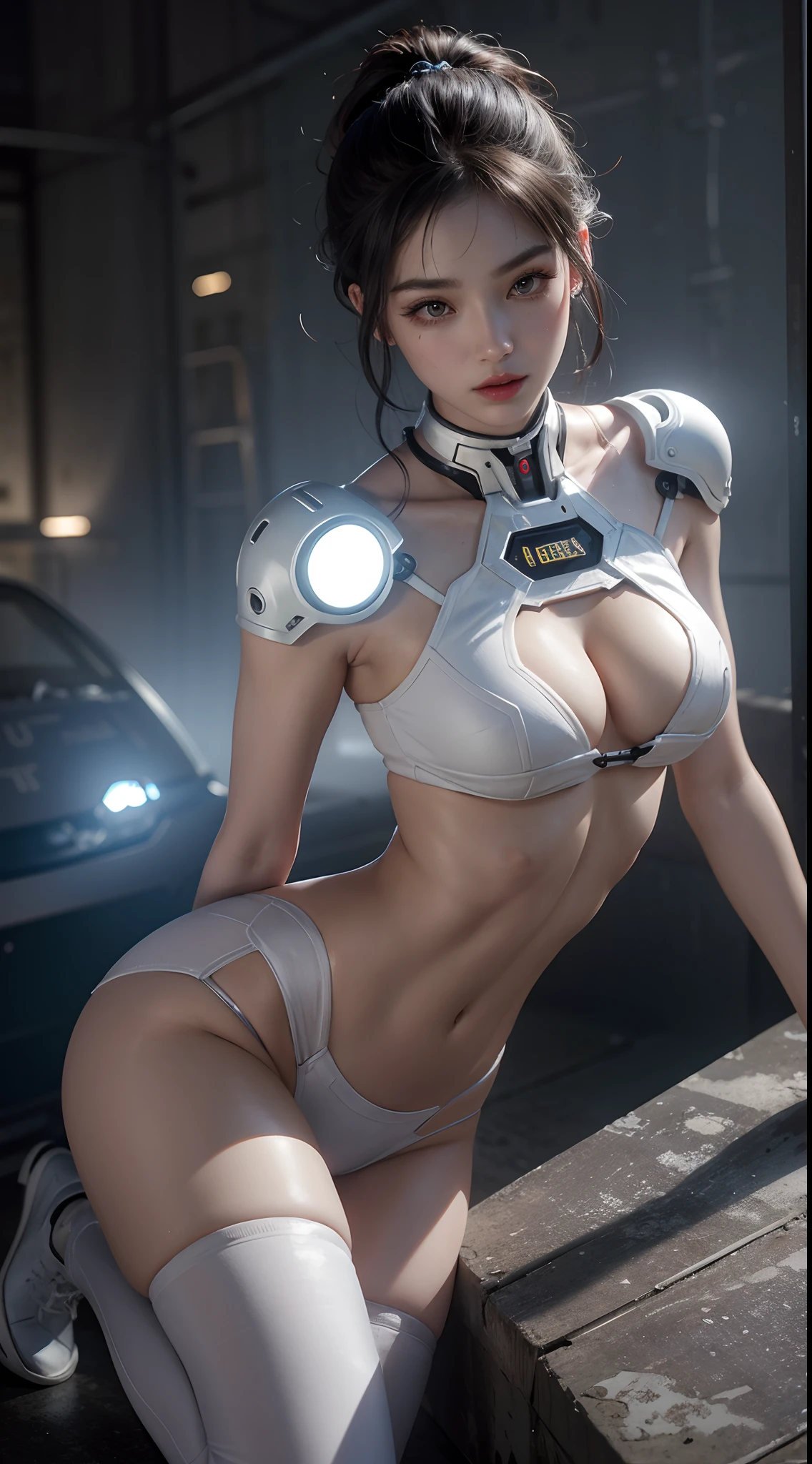 (1girll:1.3), 独奏, offcial art, 统一 8k 壁纸, ultra - detailed, Beautiful and aesthetic, big breasts beautiful, tmasterpiece, Best quality at best, primitive，tmasterpiece，ultra fine photos，，best qualtiy，超高分辨率，Photoreality，rays of sunshine，full-body portraits，stunningly beautiful，，delicated face，Vibrant eyes，She wears a futuristic Iron Man mech，White color scheme，Very detailed abandoned warehouse background，detailed face with，Detailed and complex busy background，Untidy，opulent，milkyW，Highly detailed skin，Realistic details of skin，Visible Pore，tack sharp focus，volume fog，8K  UHD，digital SLR camera，high qulity，filmgrain，White skin of the，photo-realism，DL，Huge metropolis in a dystopia of the future ，Frontal photo