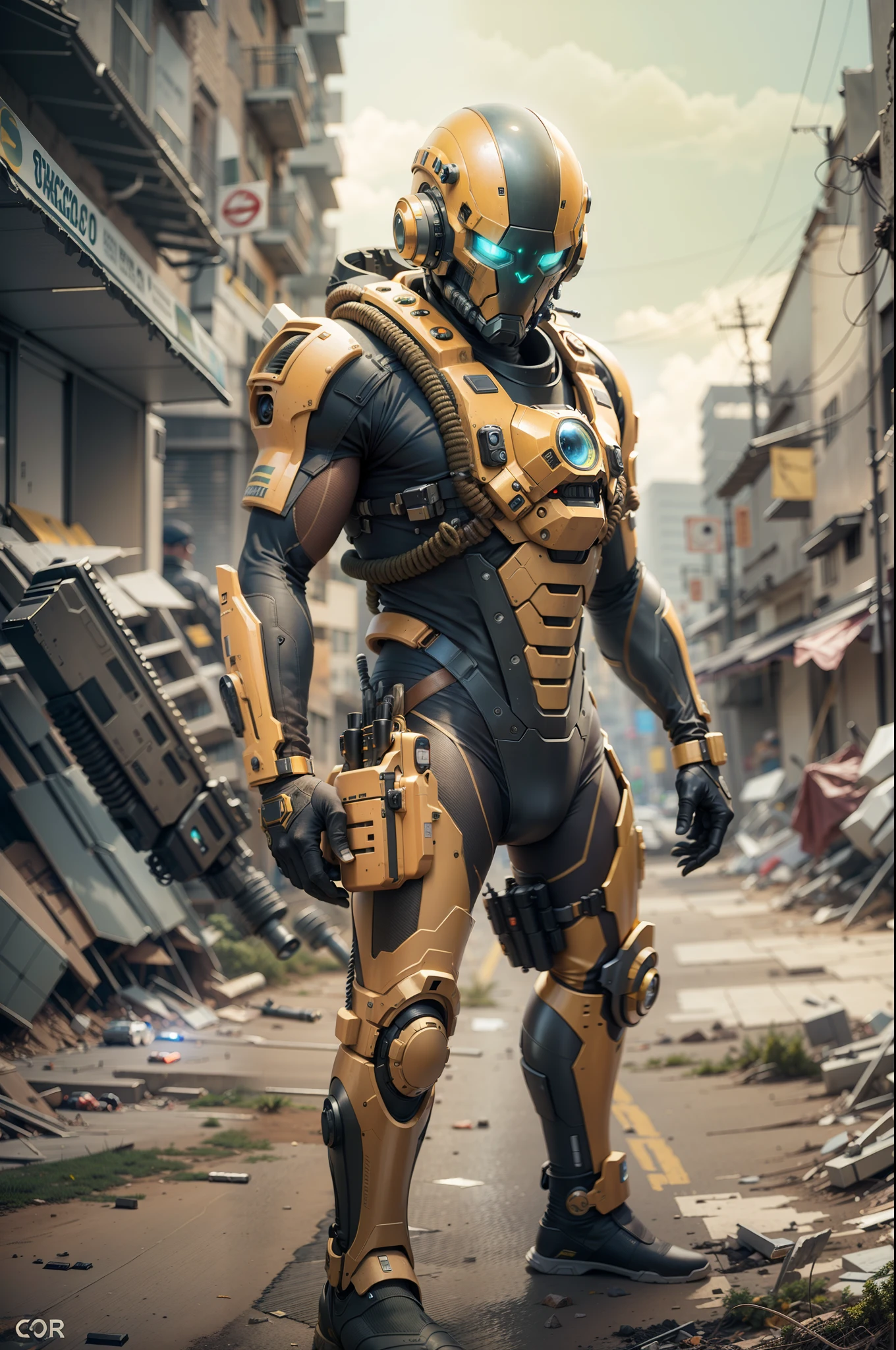 A highly technological and advanced alien soldier in an apocalyptic city, Facing the camera, tiro de meio corpo, wide angle, action pose, cor amarela