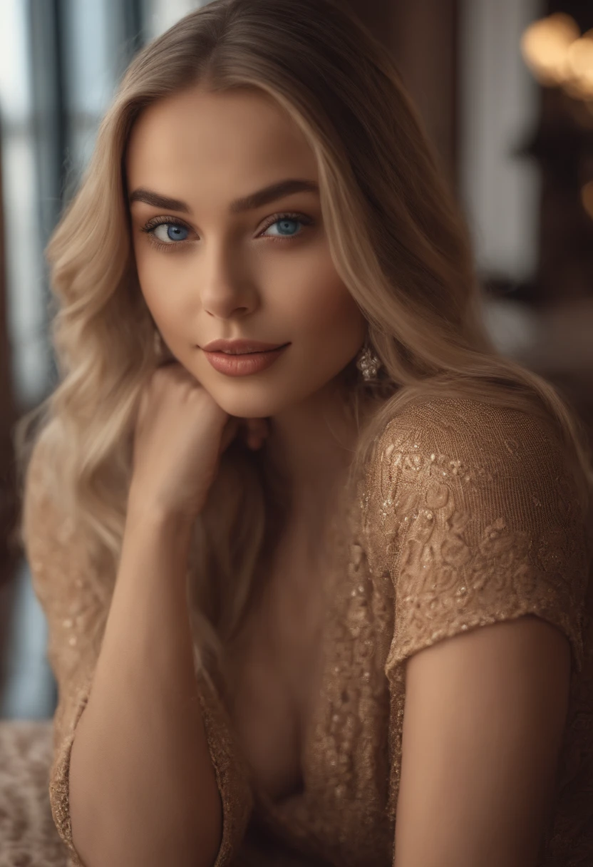 arafed woman fully , sexy girl with blue eyes, ultra realistic, meticulously detailed, portrait sophie mudd, blonde hair and large eyes, selfie of a young woman, violet myers, without makeup, natural makeup, looking directly at the camera, face with artgram, subtle makeup, stunning full body shot walking the mall, in bedroom, medium to large size bust, brown eyes, smiling, picture near a bugatti chiron