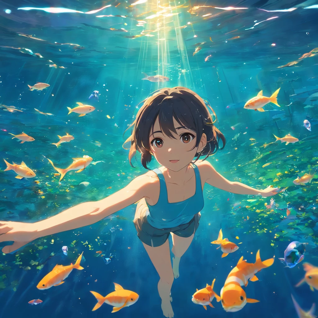 tmasterpiece,best qualtiy,cinematic Film still from,In the water under the water Light shines in mystical Eau Girl swims in the water There are many fish swimming around it Like a buddy