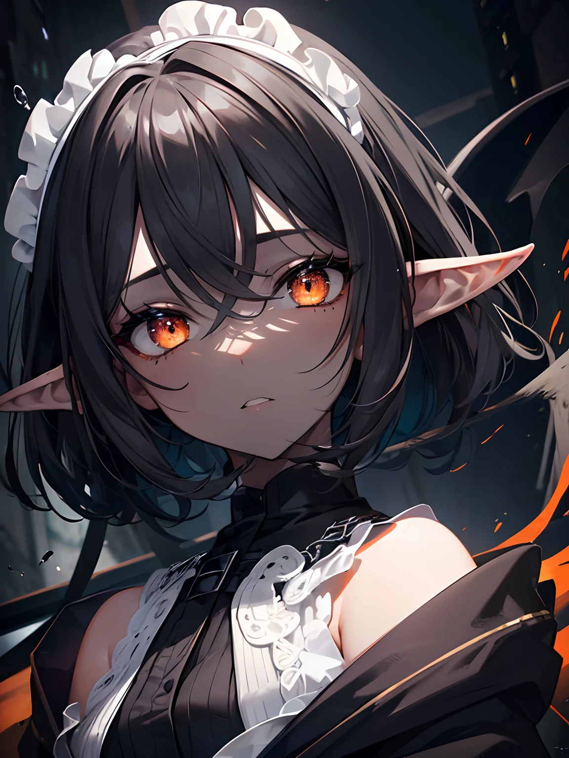 (Masterpiece, Best quality, ultra high resolution),1girl,dark black hair,elf ears, black skin, beautiful and detailed face, detailed eyes,cardigan,on a park,((gray and grayish orange theme))