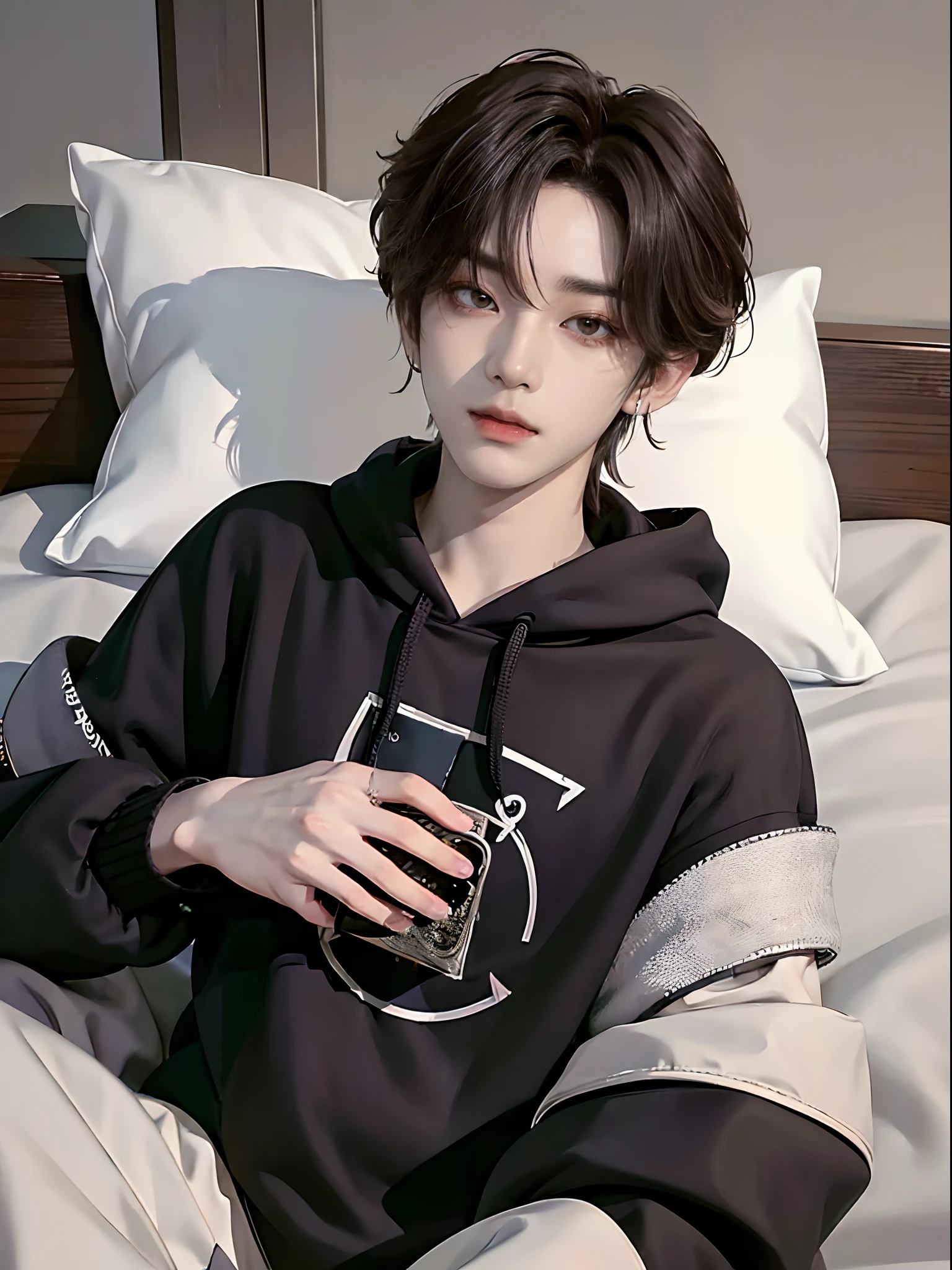 ((4K works))、masterpiece、(top-quality)、((high-level image quality))、((One Manly Boy))、Slim body、((Stylish black hoodie and long white pants))、(Detailed beautiful eyes)、Stylish bedroom、Shot on a futon、Face similar to Chaewon in Ruseraphim、((short hair above the ears))、((Smaller face))、((Neutral face))、((Light brown eyes))、((Korean boy))、((18year old))、((Handsome man))、((Wild look))、((Korean Makeup))、((elongated and sharp eyes))、((Lying on the futon))、((selfee))、((Upper body photography))