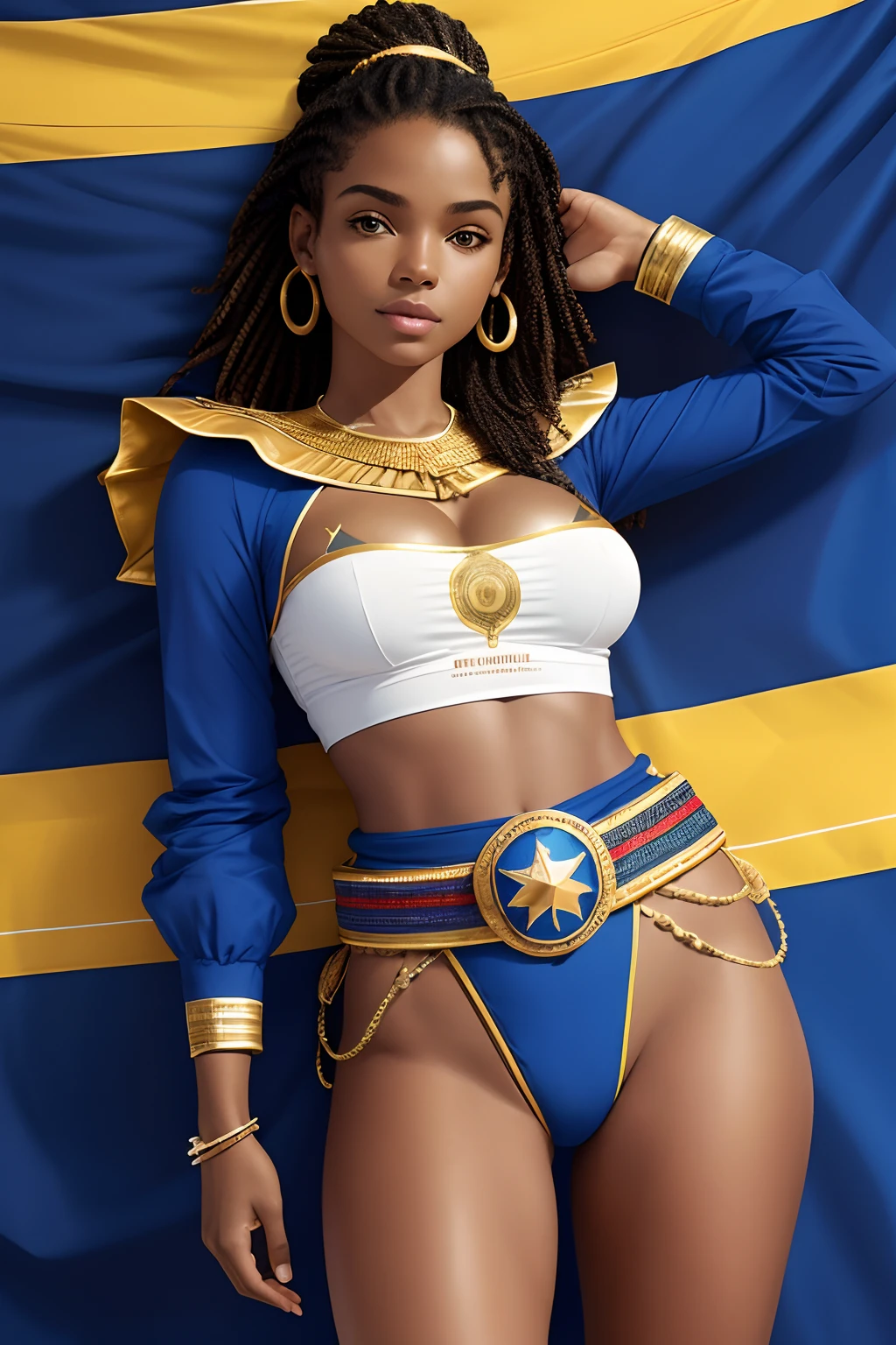 The route follows the nuclei of the flag of Cape Verde. The top is deep blue, simbolizando o oceano que cerca as ilhas. The chest and the central part are white, representando a paz e a unidade do povo cabo-verdiano. The sleeves and legs are red, denoting determination and spirit, do 10 Estrelas Douradas, : Ten gold stars are prominently displayed at the top of the costume, ao longo do peito e ombros, representando as 10 principais ilhas de Cabo Verde. Cada estrela, It is carefully detailed and shines brightly against the background Star Belt A wide belt, also golden, is used in Tribal Details, O traje incorpora elementos tribais discretos em seu design, referencing the cultural heritage of Cape Verde))