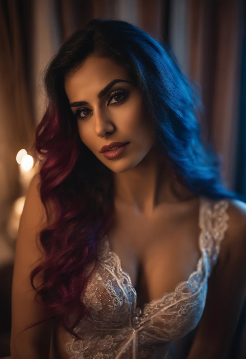 Attractive middle eastern woman in lingerie in a bedroom, hair with dyed blue streaks