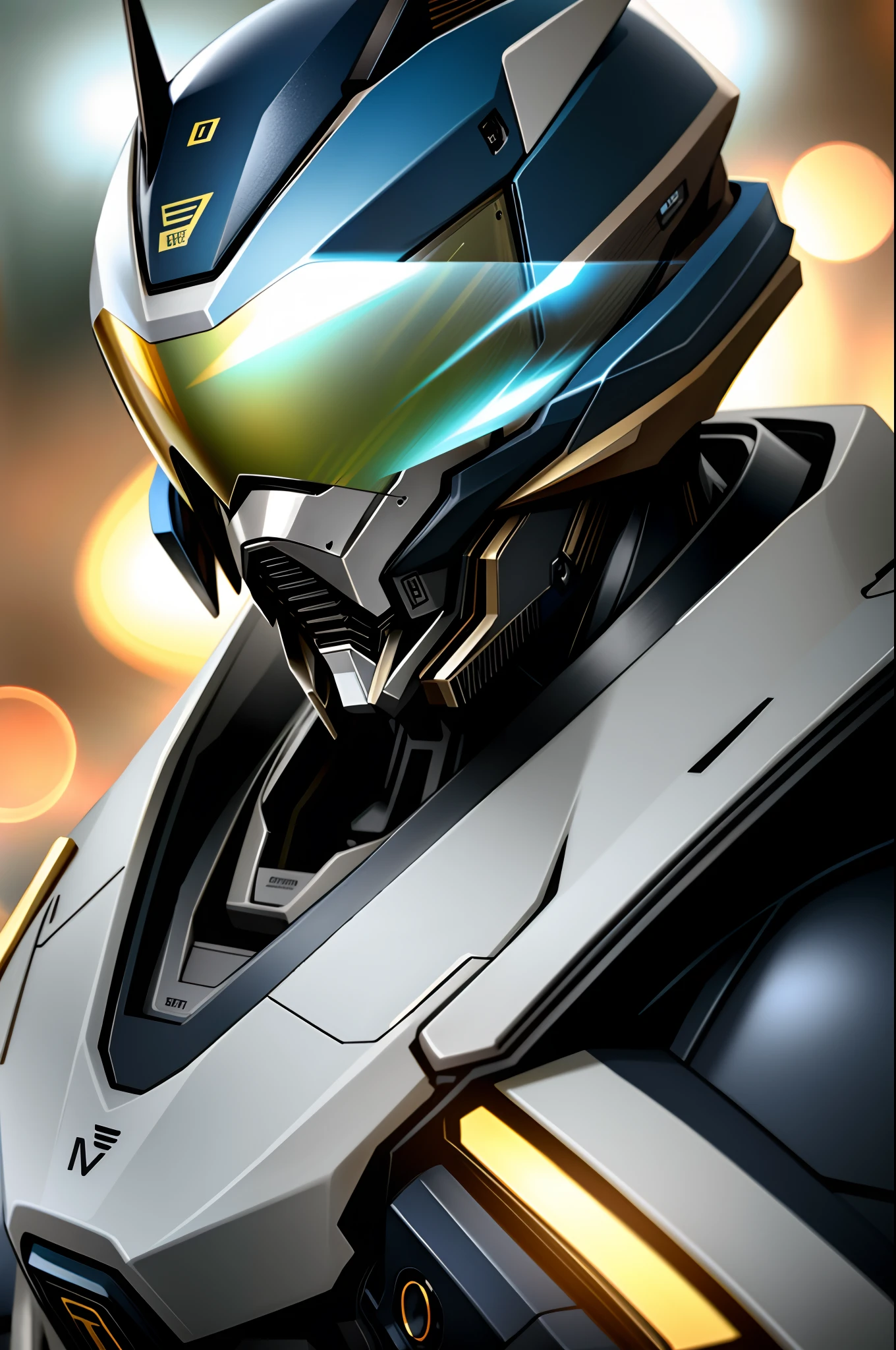 Foto retrato de um homem bonito, olhos perfeitos, em um exosuit mecha usado, ((bokeh claro)), intrincado, (steel metal [ferrugem]), elegante, foco nítido, foto por greg rutkowski, soft-lighting, cores vibrantes amarelo e cyan, obra-prima, ((ruas)), rosto detalhado