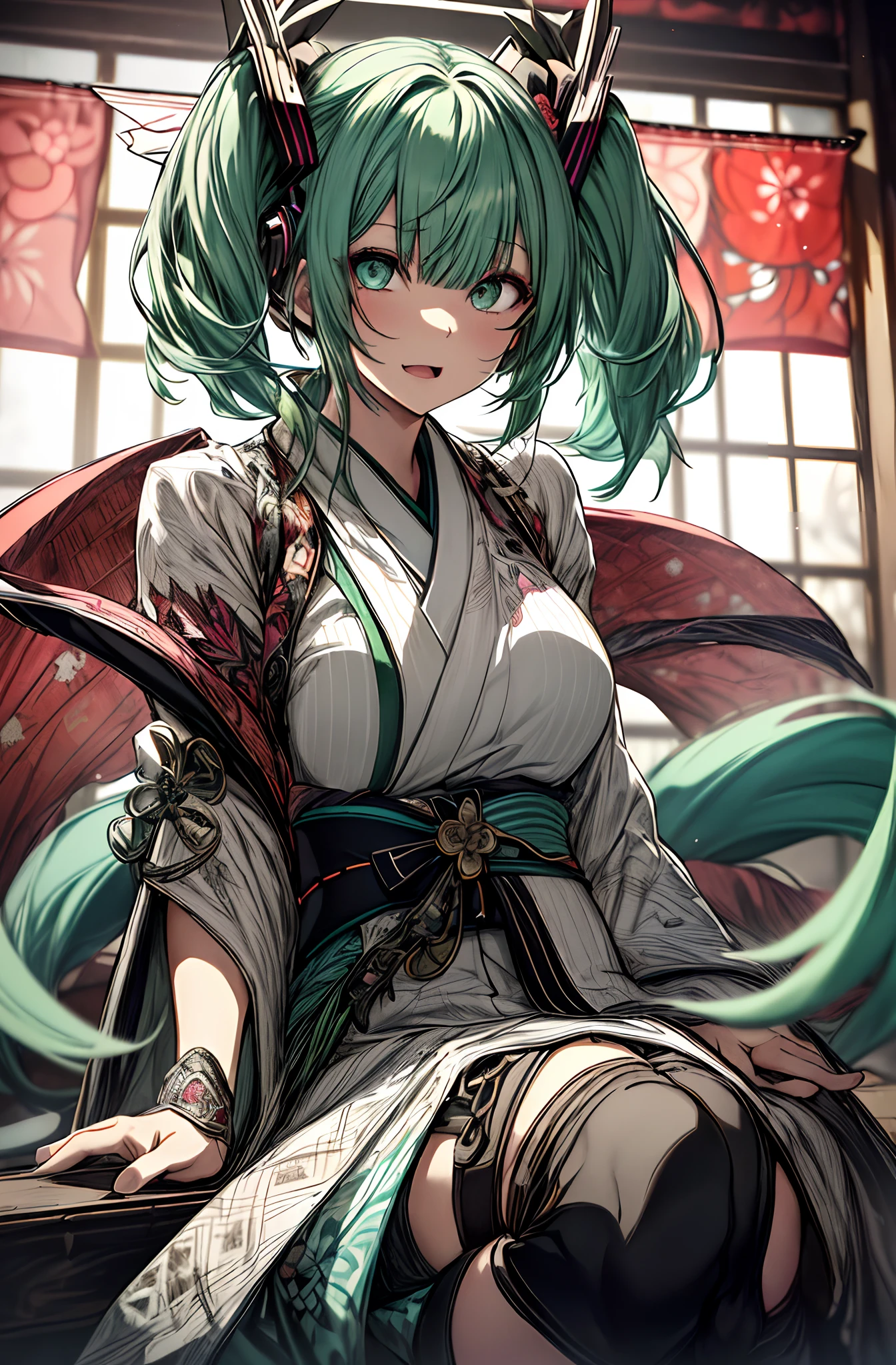 Full body、Japanese dress、Kimono Dresses、long、miku hatsune、Green hair、Twin-tailed、Ahegao ( Silly / Sexual ecstasy)、Cross-eyed、Stranger、View other people、Blunt bangs、 over-kneehighs,Ahegao , Silly,Sexual ecstasy,Drunken eyes,Blunt bangs, Green hair,(masutepiece:1.2, Best Quality), (finely detailed beautiful eye: 1.2), (Detailed background,Dark Fantasy), (beautifull detailed face), High contrast, (Best Illumination, extremely delicate and beautiful), ((Cinematic Light)), Colorful, Hyper Detail, Dramatic light, Intricate details,