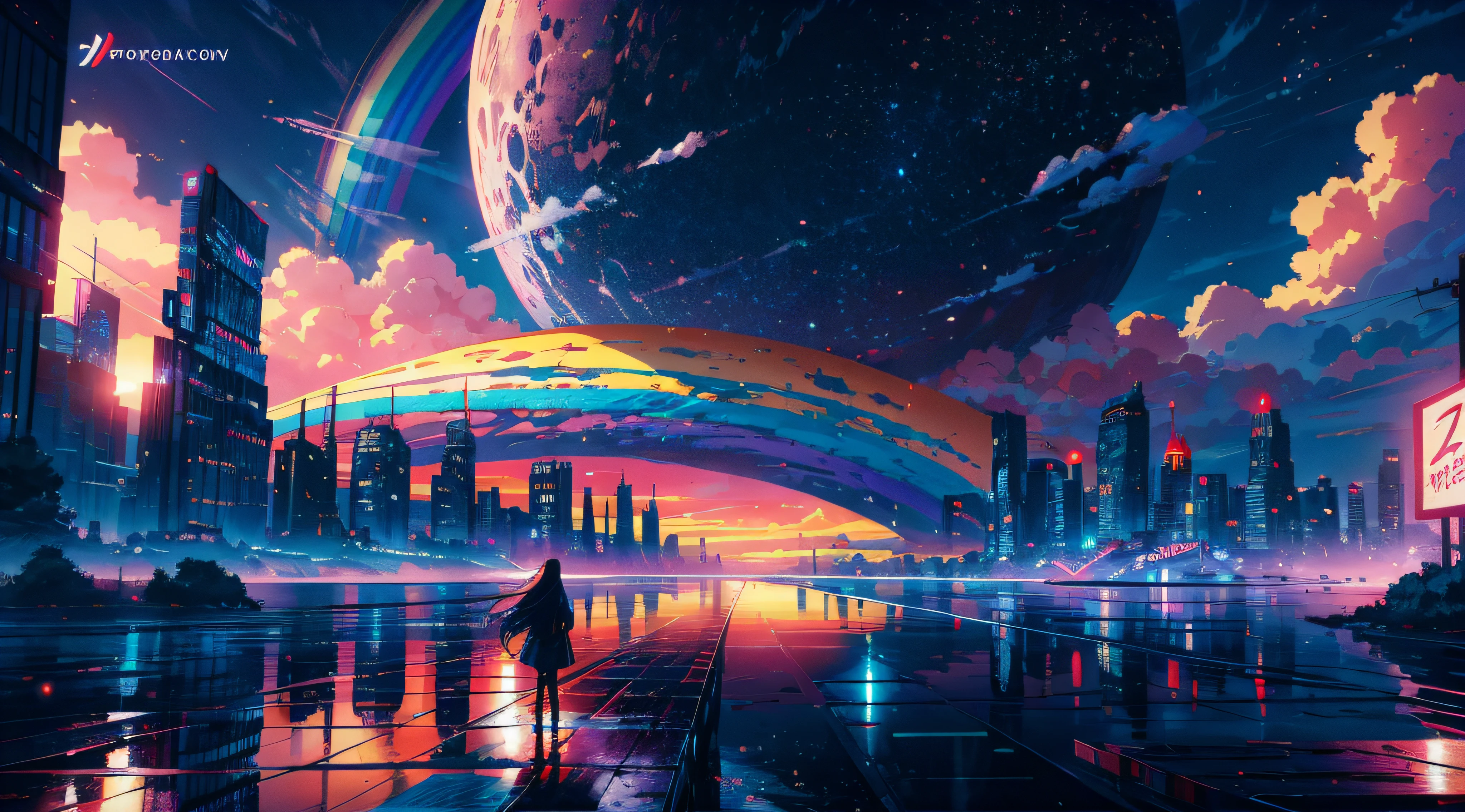 Anime girl standing in big city looking at rainbow sky,Near Future City、 makoto shinkai cyril rolando, anime art wallpaper 4k, anime art wallpaper 4k, Anime art wallpaper 8k, inspired by Cyril Rolando, in the style dan mumford artwork, amazing wallpapers, by Yuumei
