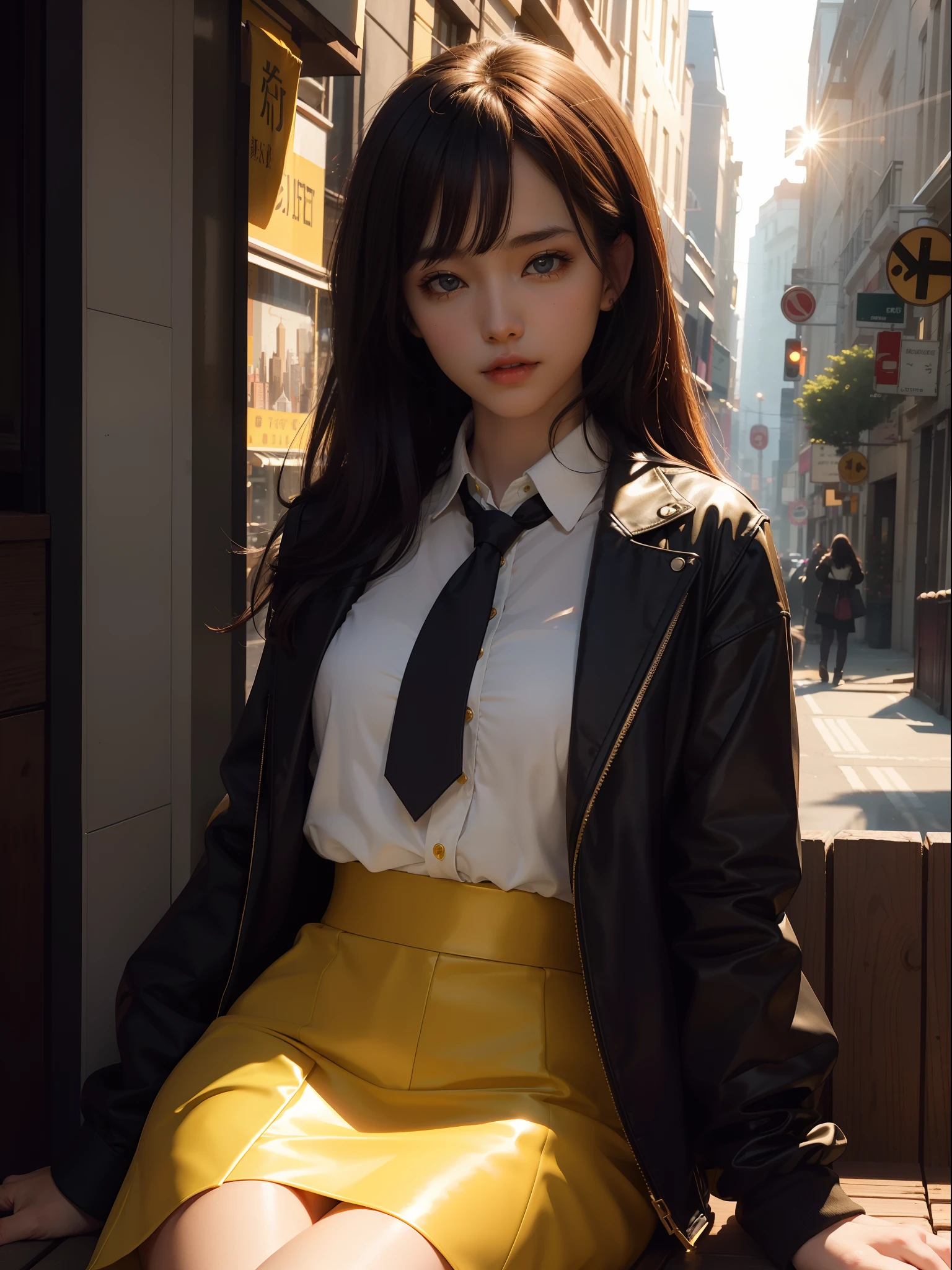 1girl, intricate detail, masterpiece, best quality, extremly detailed,cinematic lighting, beautiful detailed glow, finely detailed beautiful face and eyes, 8k, dark intense shadows, yellow eyes, medium hair, black hair, bangs, floating hair, black jacket, open jacket, white shirt, expressionless, yellow necktie, black skirt, spotlight, sunshine, sunrise, gradient sky, city, lens flare, cowboy shot, [[curvy]], [mature female]