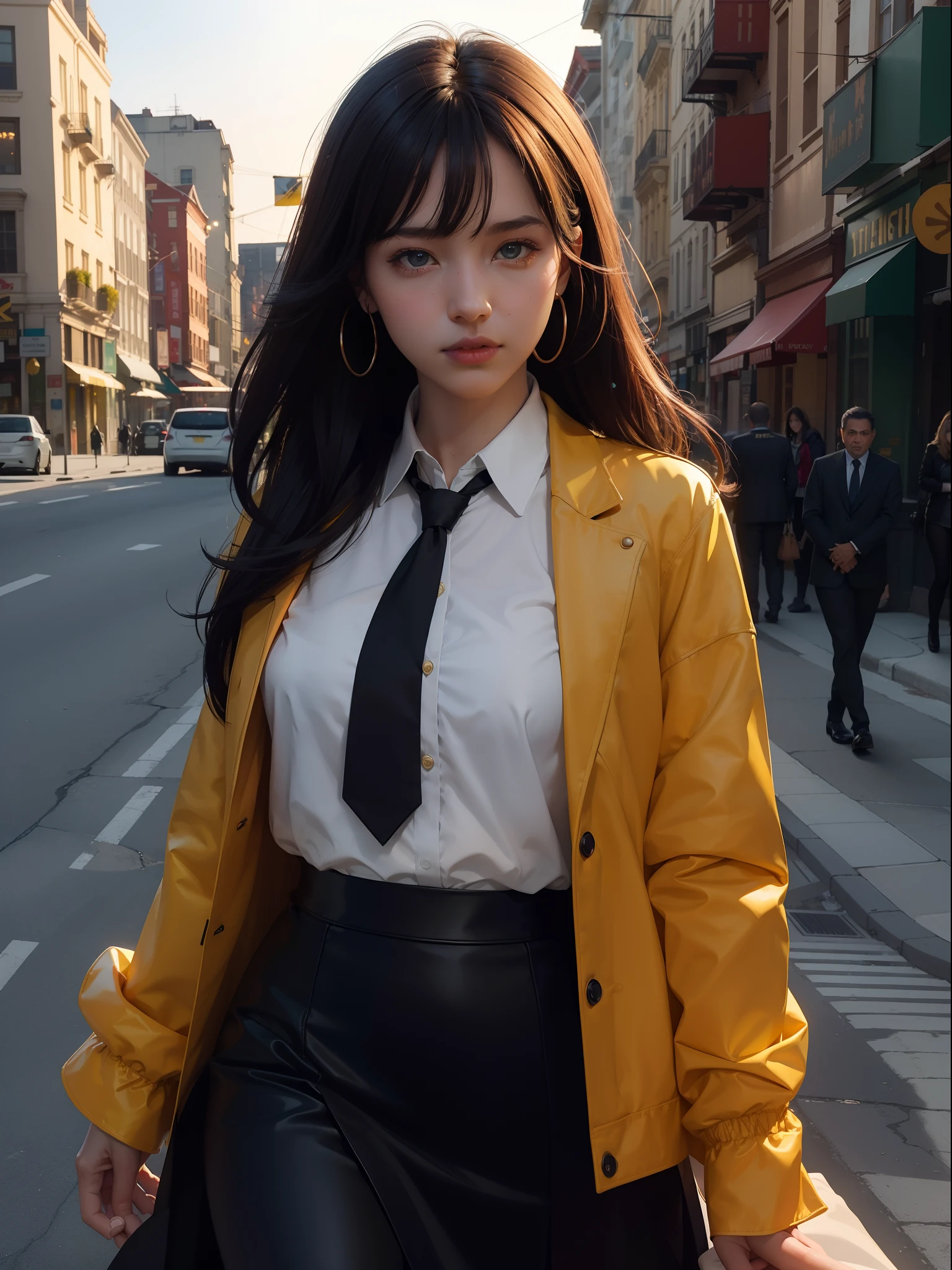 1girl, intricate detail, masterpiece, best quality, extremly detailed,cinematic lighting, beautiful detailed glow, finely detailed beautiful face and eyes, 8k, dark intense shadows, yellow eyes, medium hair, black hair, bangs, floating hair, black jacket, open jacket, white shirt, expressionless, yellow necktie, black skirt, spotlight, sunshine, sunrise, gradient sky, city, lens flare, cowboy shot, [[curvy]], [mature female]