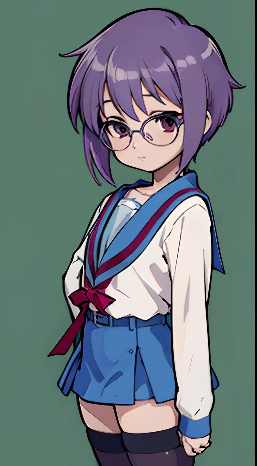 (best quality,8k,masterpiece:1.2),ultra-detailed,realistic,portrait,girl with glasses,kuudere expression,absurd resolution,ultrasharp,looking at viewer,full body shot,uniform,black stockings,purple hair,background