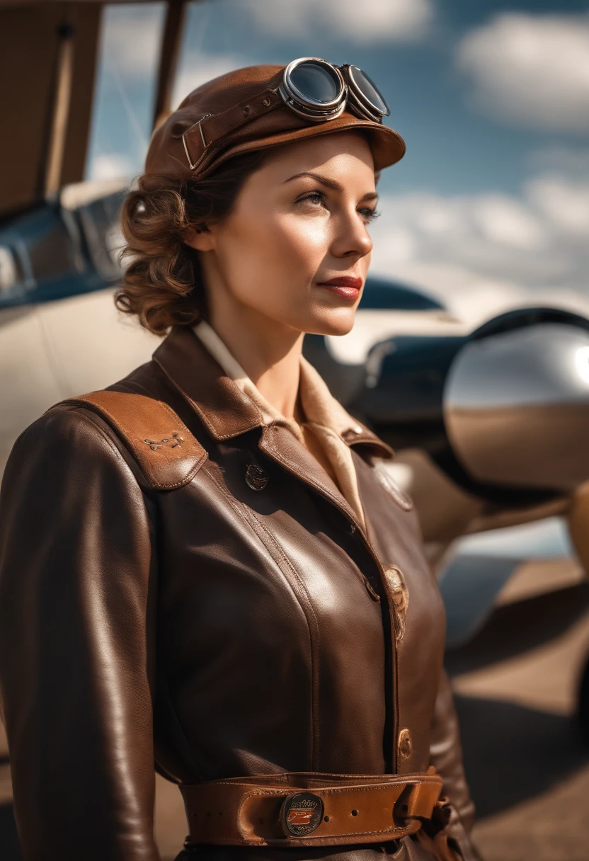 Amelia Earhart,1937 pilot,standing tall with vintage aviation gear,looking directly at the camera on a white background - Variations (strong),((best quality,4k,8k,highres,masterpiece:1.2),ultra-detailed,(realistic,photorealistic,photo-realistic:1.37)),iron,leather,jumpsuit,leather helmet,goggles,vintage aviation badge,confident expression,smiling,beautifully detailed eyes,beautifully detailed lips,short curly hair,freckles,intrepid,resolute,solemn,inspiring,retro,feminine,aviation pioneer,vintage aircraft,biplane,flying goggles,brown leather jacket,brown boots,brown gloves,spacious blue sky,fluffy white clouds,early morning sunlight,crisp air,aerodynamic lines,legendary,history-making,windswept,adventurous,classic pose,iconic image,strong presence,captivating gaze.