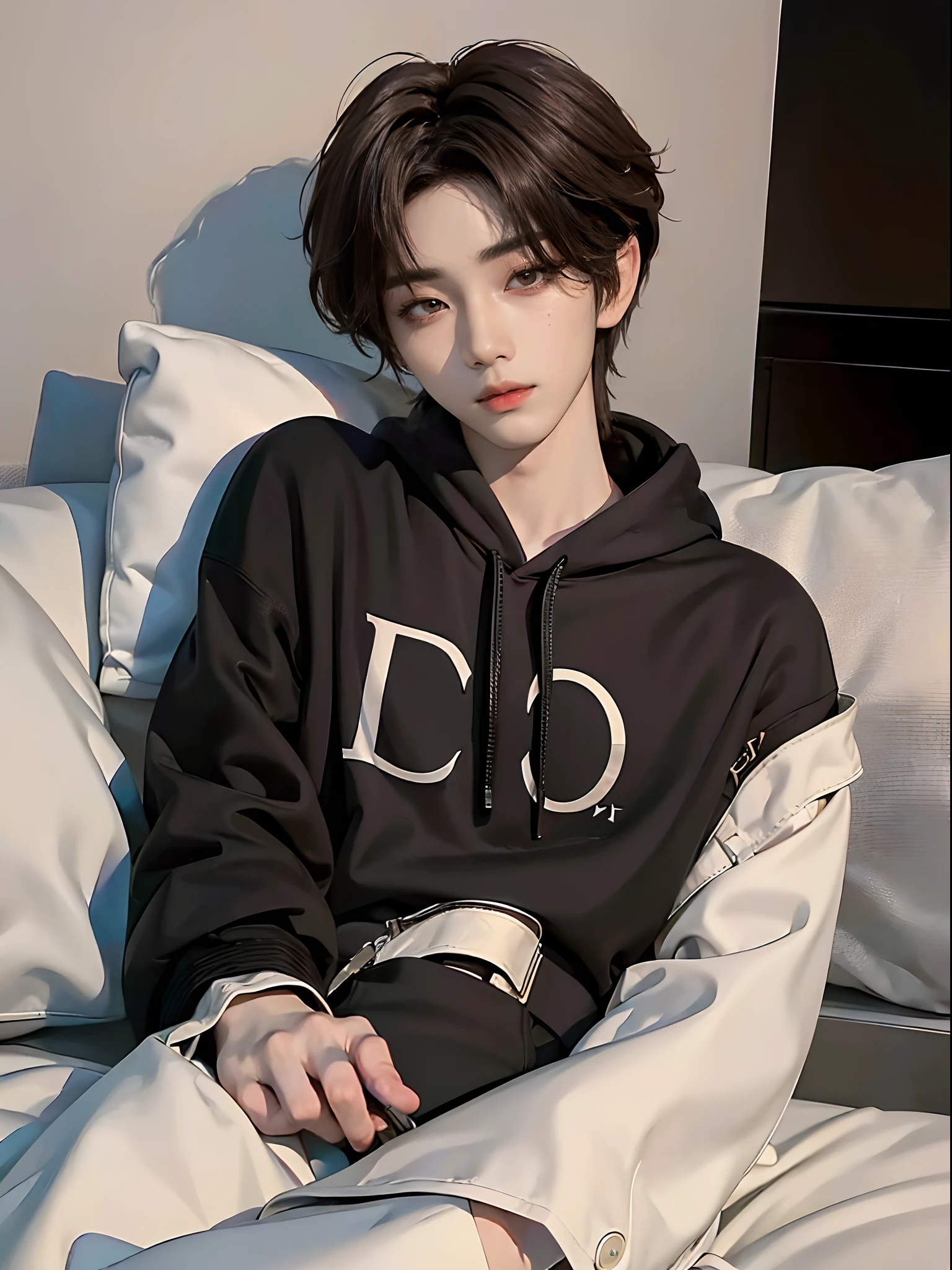 ((4K works))、​masterpiece、（top-quality)、((high-level image quality))、((One Manly Boy))、Slim body、((Stylish black hoodie))、(Detailed beautiful eyes)、Stylish bedroom、Selfie with head on pillow、Face similar to Chaewon in Ruseraphim、((short hair above the ears))、((Smaller face))、((Neutral face))、((Light brown eyes))、((Korean boy))、((18year old))、((Handsome man))、((Wild look))、((Korean Makeup))、((elongated and sharp eyes))、((Happy dating))、((Lying on the futon with your head on the pillow))、((Shooting from the side))、((He reaches out and takes a selfie with the viewer))、((Only the upper part of the body is visible))、(((selfie photo)))