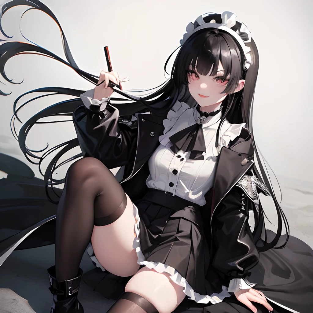 1 woman, Cool, good-looking, Cross-dressing, Gothic, Gothic, Onepiece, knee high socks, Black socks, Skirt, Black clothes, white frills, Black hair, Long hair, I can't see my eyebrows, Eyebrows and bangs are hidden, boyish, Head dress, Black lips , Black Rouge, lots of ruffles, Sake, Big eyes, Smile