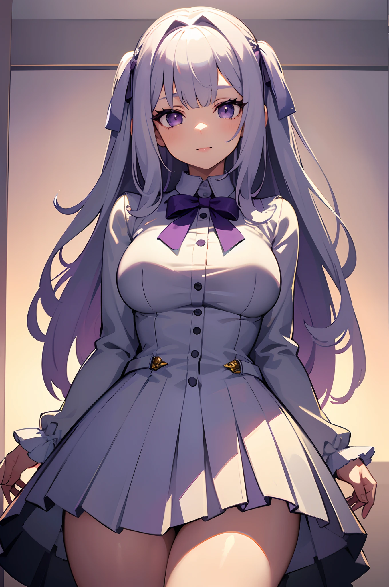 1girl, indoors, silver hair, straight hair, sprite, (visual novel), asymmetrical bangs, centered portrait, detailed face and eyes, illustration, large breasts, wide hips, thick thighs, small breasts, cardigan, bowtie, pleated skirt, light smile, thick lips, purple eyes, standing, arms behind back, cute colors, pastel colors, cowboy shot