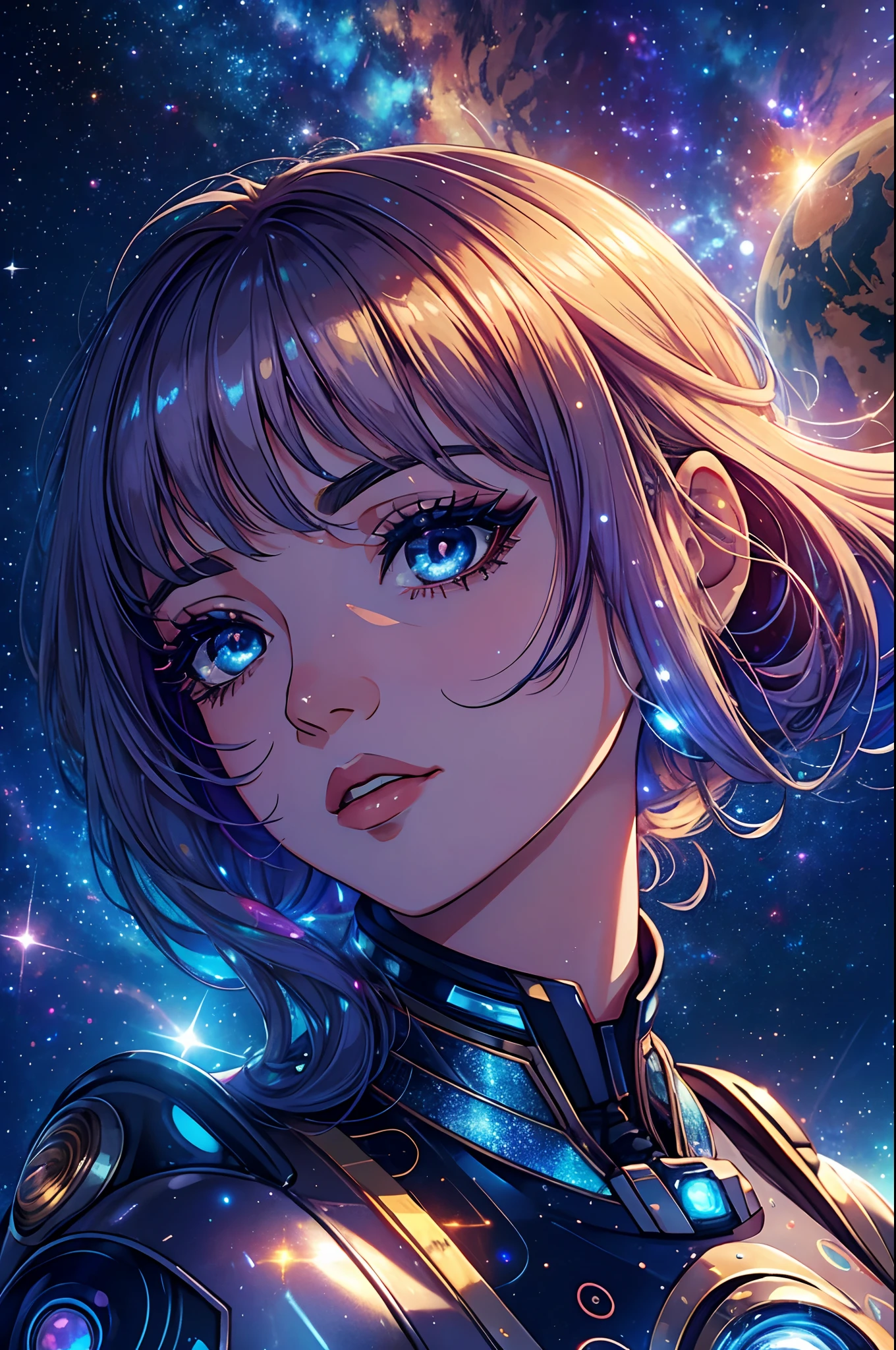 best quality,ultra-detalhado,Realistic,estilo anime,menina em um traje espacial,belos olhos detalhados,beautiful detailed lips,rosto e penteado detalhados,long eyelashes,shiny metallic spacesuit,cosmic background,star-filled sky,cores vibrantes,soft lighting