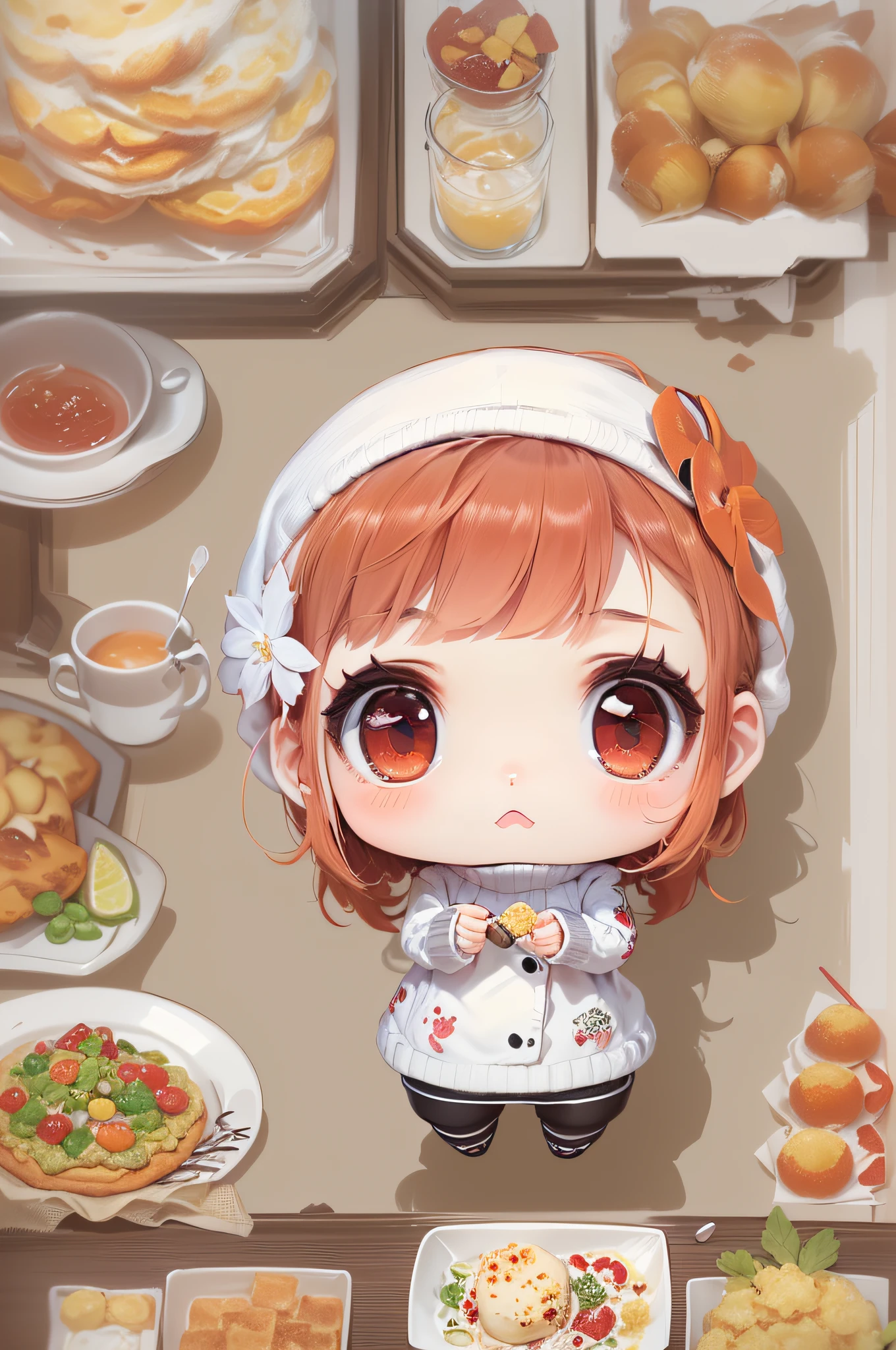 best quality, masterpiece, kyrielight mash, solo, 1girl, black eyes, white turtleneck shirt, (chibi: 0.6), light red hair, sticker, emoji, cute, white background, ((making food))