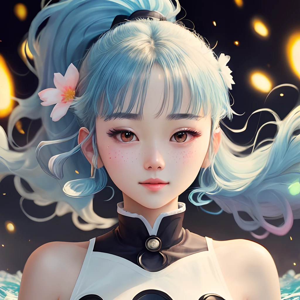 (巨作)Nice comma, A beautiful delicate face, floating,(high saturation),(Colored spots),Colorful bubble,(luminous), focus on face,  ponytail, Kamisato Ayaka, light-blue hair, explosions, Hair ring, Floating flowers, floating hair, (luminous), best lighting, best shadow,