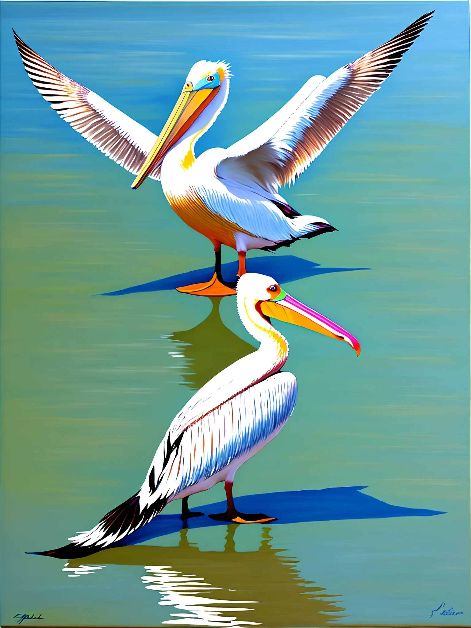 Pelican in lagoon, painting,
