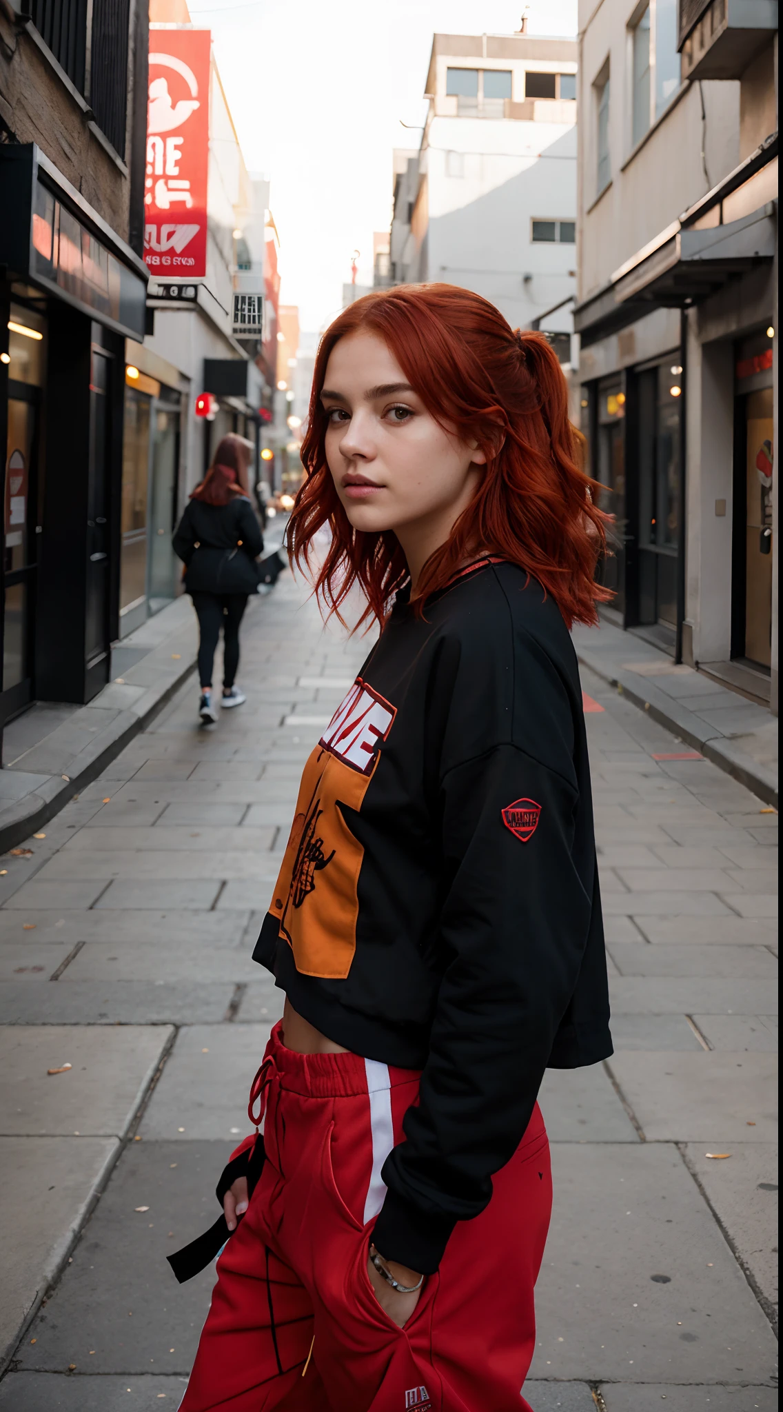 "Analiza la imagen en formato RAW que muestra a una mujer joven con cabello rojo en un entorno urbano. Describe your streetwear style and how your red hair stands out in this context. Furthermore, Explore how choosing the location adds depth and meaning to the image. Highlights details that contribute to the professional quality of photography."