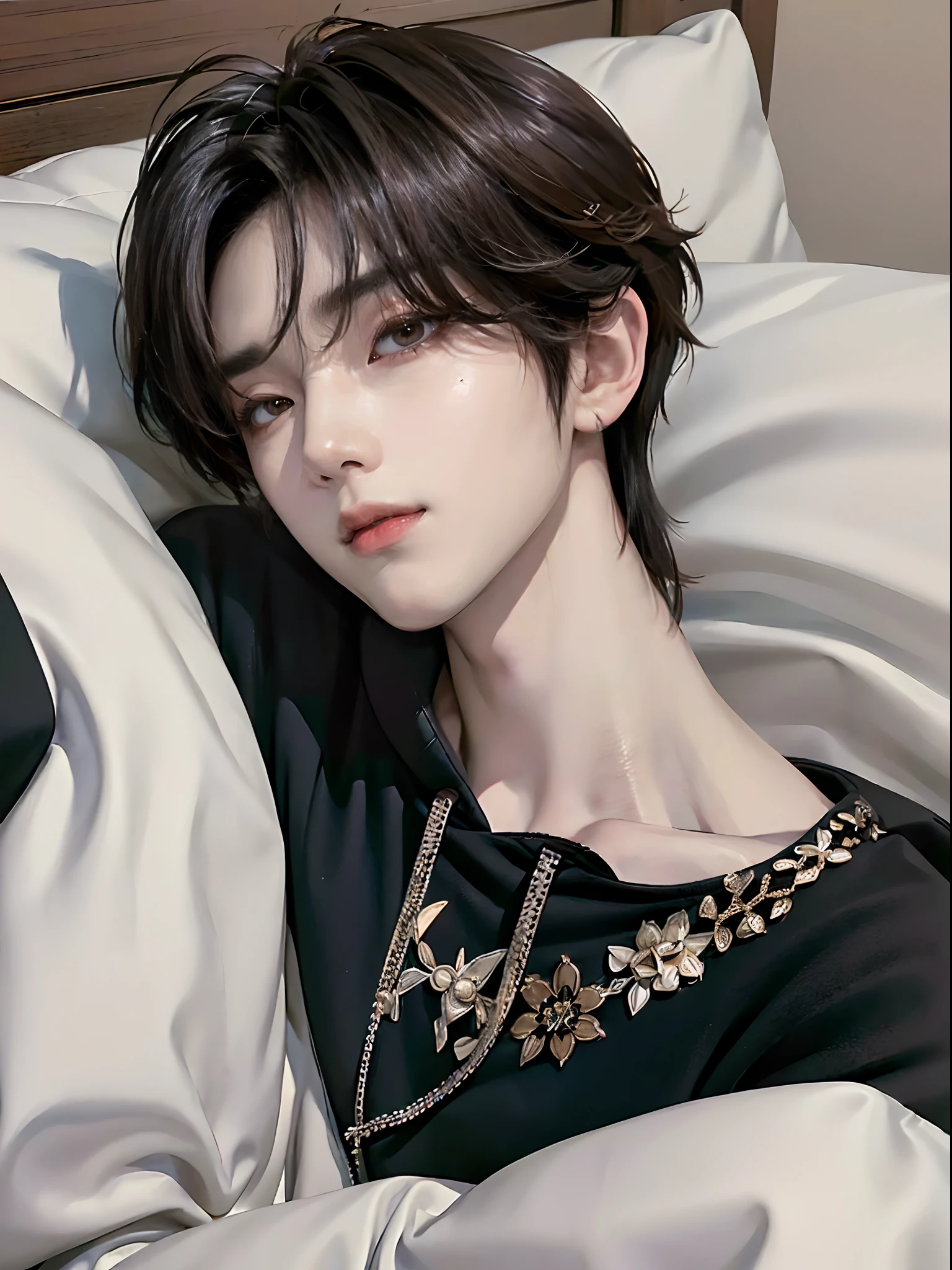 ((4K works))、masterpiece、(top-quality)、((high-level image quality))、((One Manly Boy))、Slim body、((Stylish black hoodie))、(Detailed beautiful eyes)、Stylish bedroom、Selfie with head on pillow、Face similar to Chaewon in Ruseraphim、((short hair above the ears))、((Smaller face))、((Neutral face))、((Light brown eyes))、((Korean boy))、((18year old))、((Handsome man))、((Wild look))、((Korean Makeup))、((elongated and sharp eyes))、((Happy dating))、((Lying on the futon with your head on the pillow))、((Shooting from the side))、((He gives the viewer an arm pillow))、((Only the upper part of the body is visible))、((He sleeps next to the viewer))、(((selfie photo)))、((Face zoom up))、((Face enhancement))