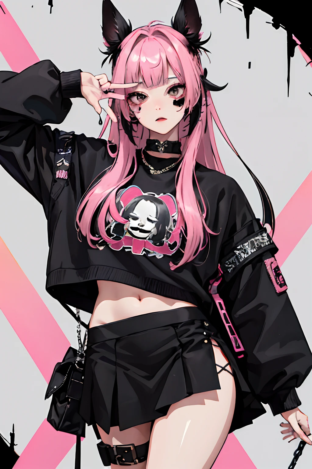(masuter piece:1.2、top-quality)、(Live action、Intricate details)、(1lady、独奏、The upper part of the body、Colossal tits) garments: Edgy、Black jumper、Pink mini skirt、Avant-garde、Experimental appearance: Long pink hair、Dramatic makeup、Unconventional fashion choices behavior: Rebel、Runaway Ladies Leader、secretary-general、Black jumper、Pink mini skirt、Anti-system、Provocative Location: urban art district、Underground Music Scene Hobbies: Bad girl、Create mixed media art、Experiment with different subcultures values: individuality、authenticity、Creative Expression Inspiration: Runaway Ladies Leader、secretary-general、Counterculture icons、Nature: boldness、Unconventional。