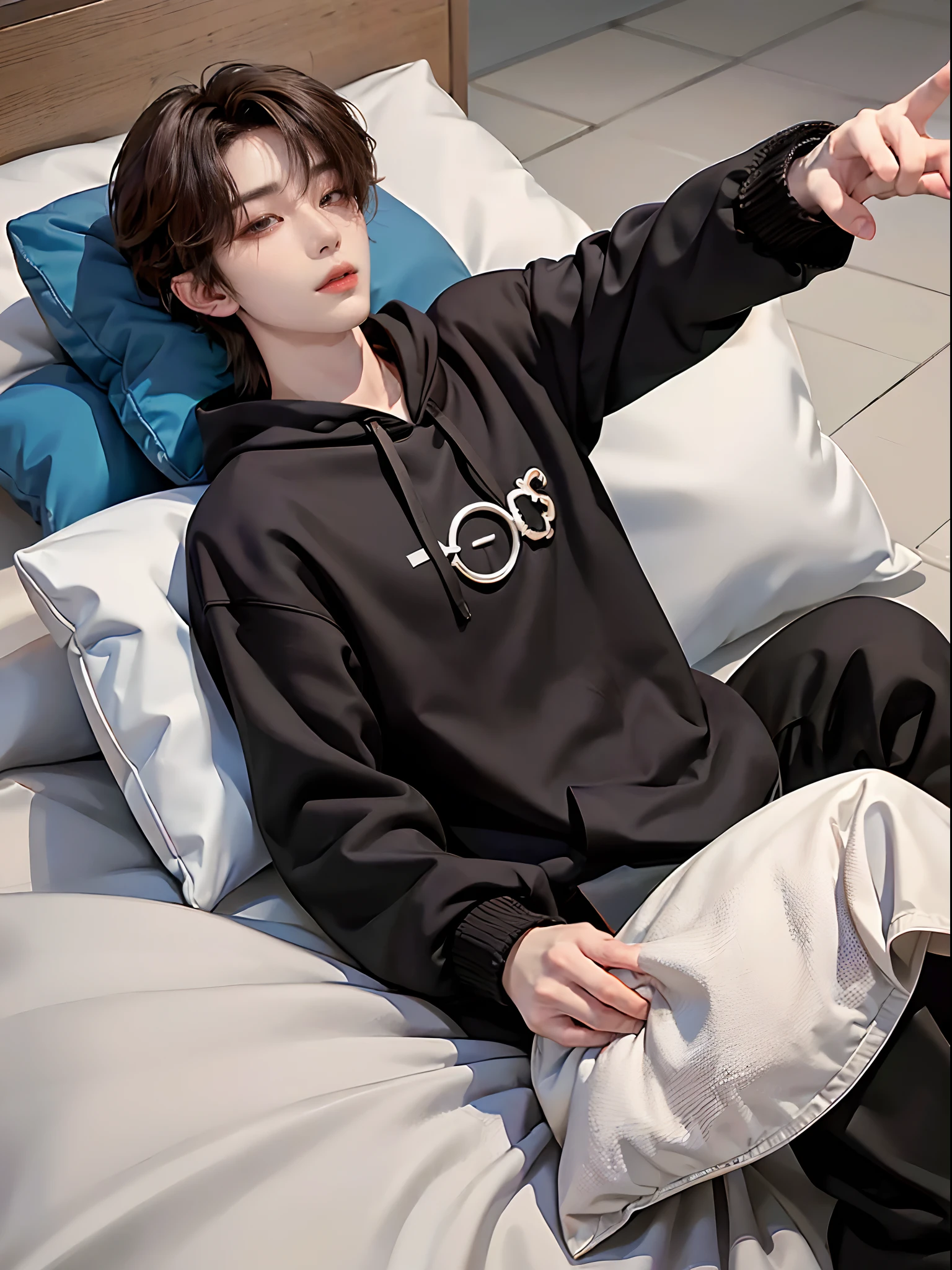 ((4K works))、​masterpiece、（top-quality)、((high-level image quality))、((One Manly Boy))、Slim body、((Stylish black hoodie))、(Detailed beautiful eyes)、Stylish bedroom、Selfie with head on pillow、Face similar to Chaewon in Ruseraphim、((short hair above the ears))、((Smaller face))、((Neutral face))、((Light brown eyes))、((Korean boy))、((18year old))、((Handsome man))、((Wild look))、((Korean Makeup))、((elongated and sharp eyes))、((Happy dating))、((Lying on the futon with your head on the pillow))、((Shooting from the side))、((He gives the viewer an arm pillow))、((Only the upper part of the body is visible))、((He sleeps next to the viewer))、(((selfie photo)))、((Face zoom up))、((Face enhancement))