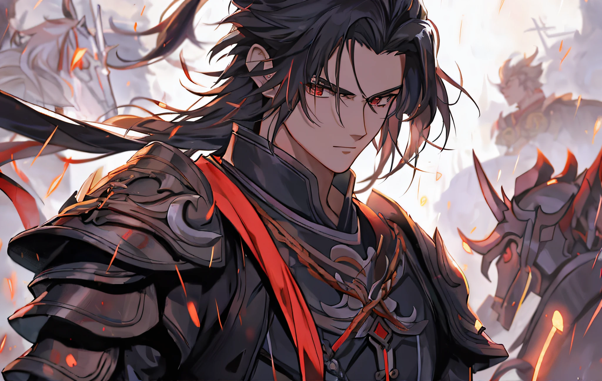 Anime, A man in armor,Mit einem Speer und einem Speer in der Hand, Handsome guy in demon killer art, von Yang J, Zhongli von Genshin Impact, G Liulianischer Kunststil, Keqing von Genshin Impact, Zhao Yun, heise jinyao, Bian Lian, Xianxia-Held, Wuxia (Disambiguation), inspiriert von Zhao Yuan