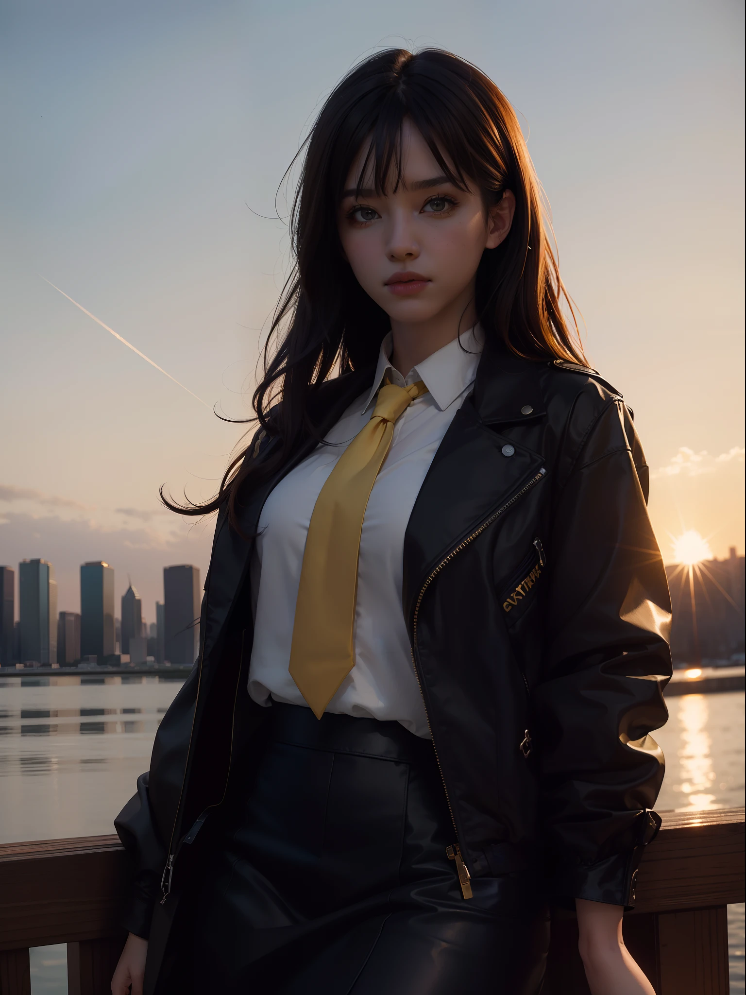 1girl, intricate detail, masterpiece, best quality, extremly detailed,cinematic lighting, beautiful detailed glow, finely detailed beautiful face and eyes, 8k, dark intense shadows, yellow eyes, medium hair, black hair, bangs, floating hair, black jacket, open jacket, white shirt, expressionless, yellow necktie, black skirt, spotlight, sunshine, sunrise, gradient sky, city, lens flare, cowboy shot, [[curvy]], [mature female]