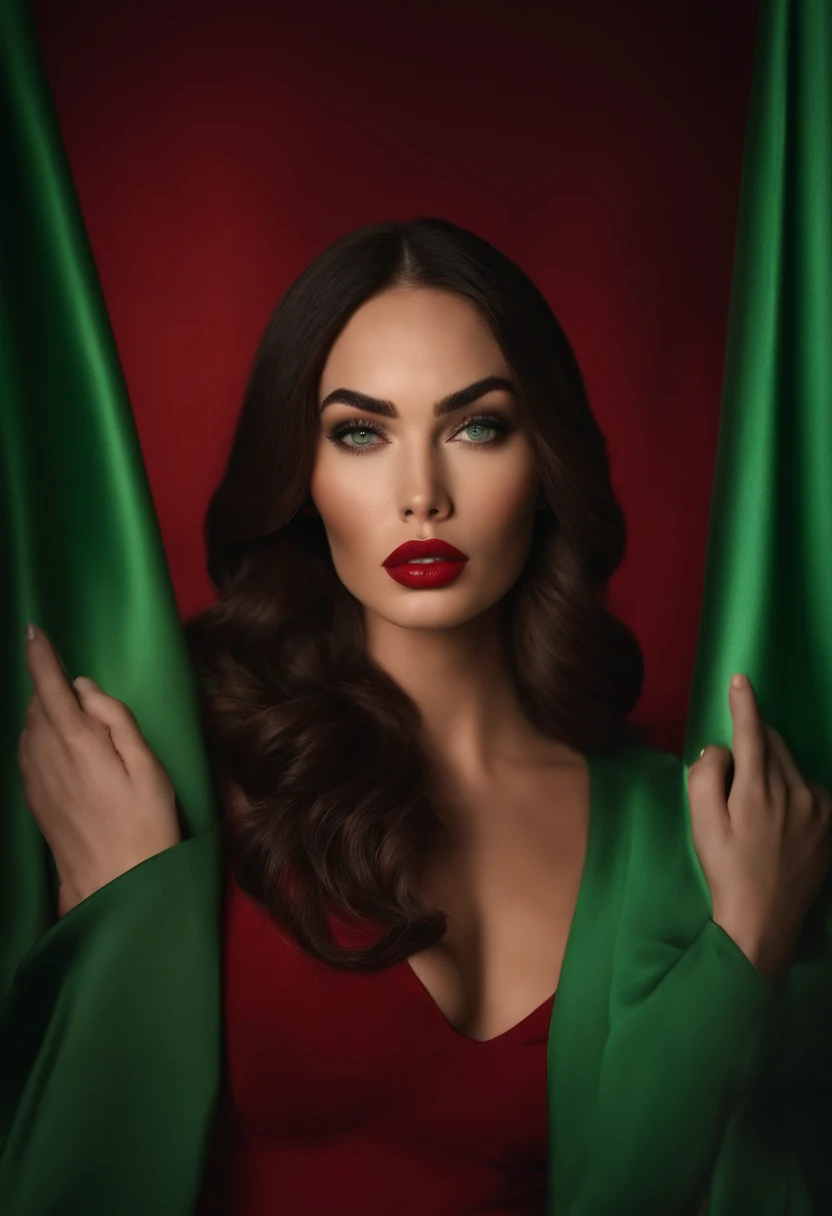 There is a woman with a green top and a red lipstick, uma foto colorida por Olivia Peguero, trending in instagram, arte digital, rosto sexy com maquiagem completa, grandes sobrancelhas grossas e ousadas, sobrancelhas grossas e grossas e retas, curtido ameera al taweel, sobrancelhas grossas, Megan Fox com maquiagem pesada nos olhos, sobrancelhas grandes e grossas